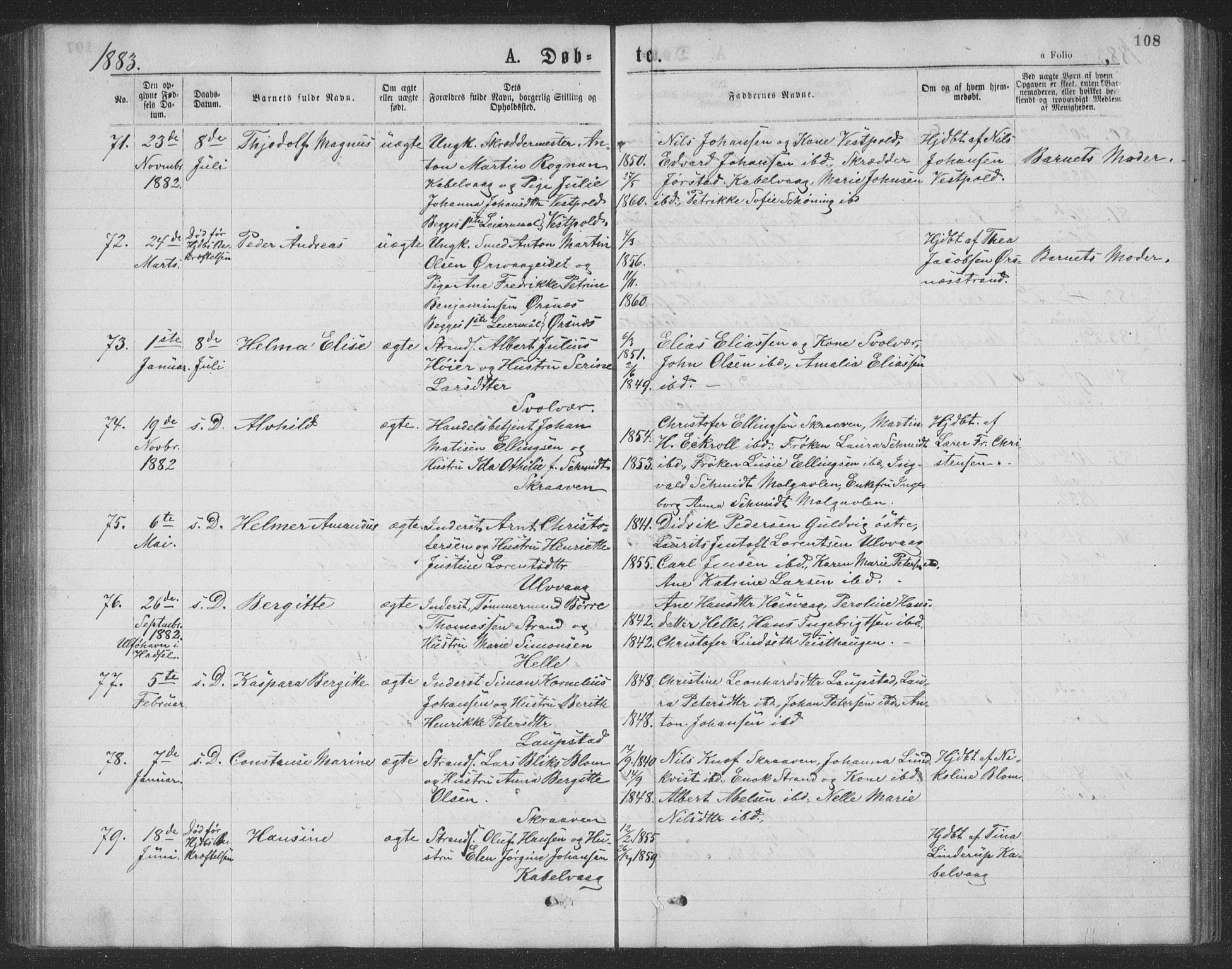 Ministerialprotokoller, klokkerbøker og fødselsregistre - Nordland, SAT/A-1459/874/L1075: Parish register (copy) no. 874C04, 1876-1883, p. 108