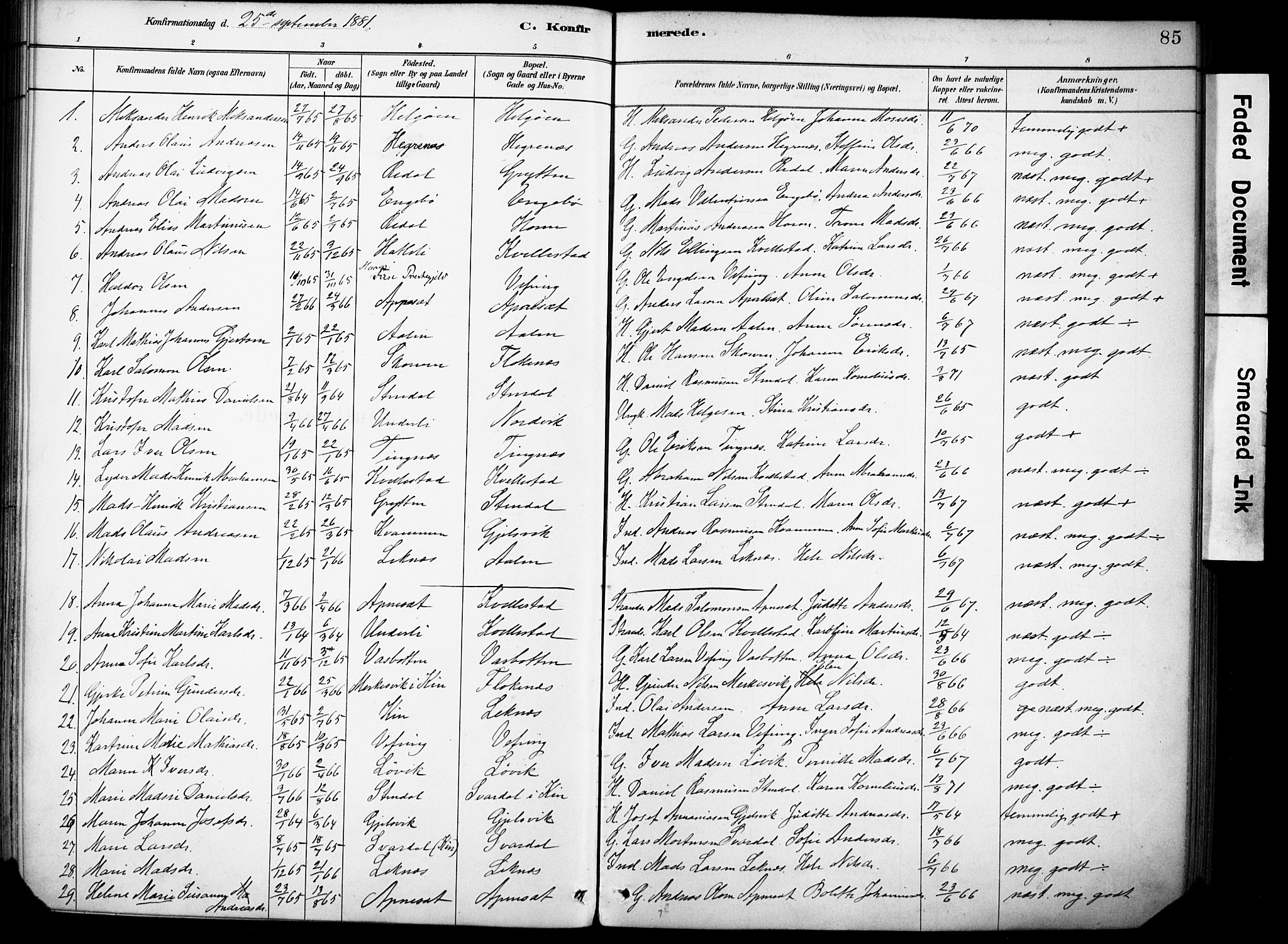 Førde sokneprestembete, SAB/A-79901/H/Haa/Haae/L0001: Parish register (official) no. E 1, 1881-1911, p. 85