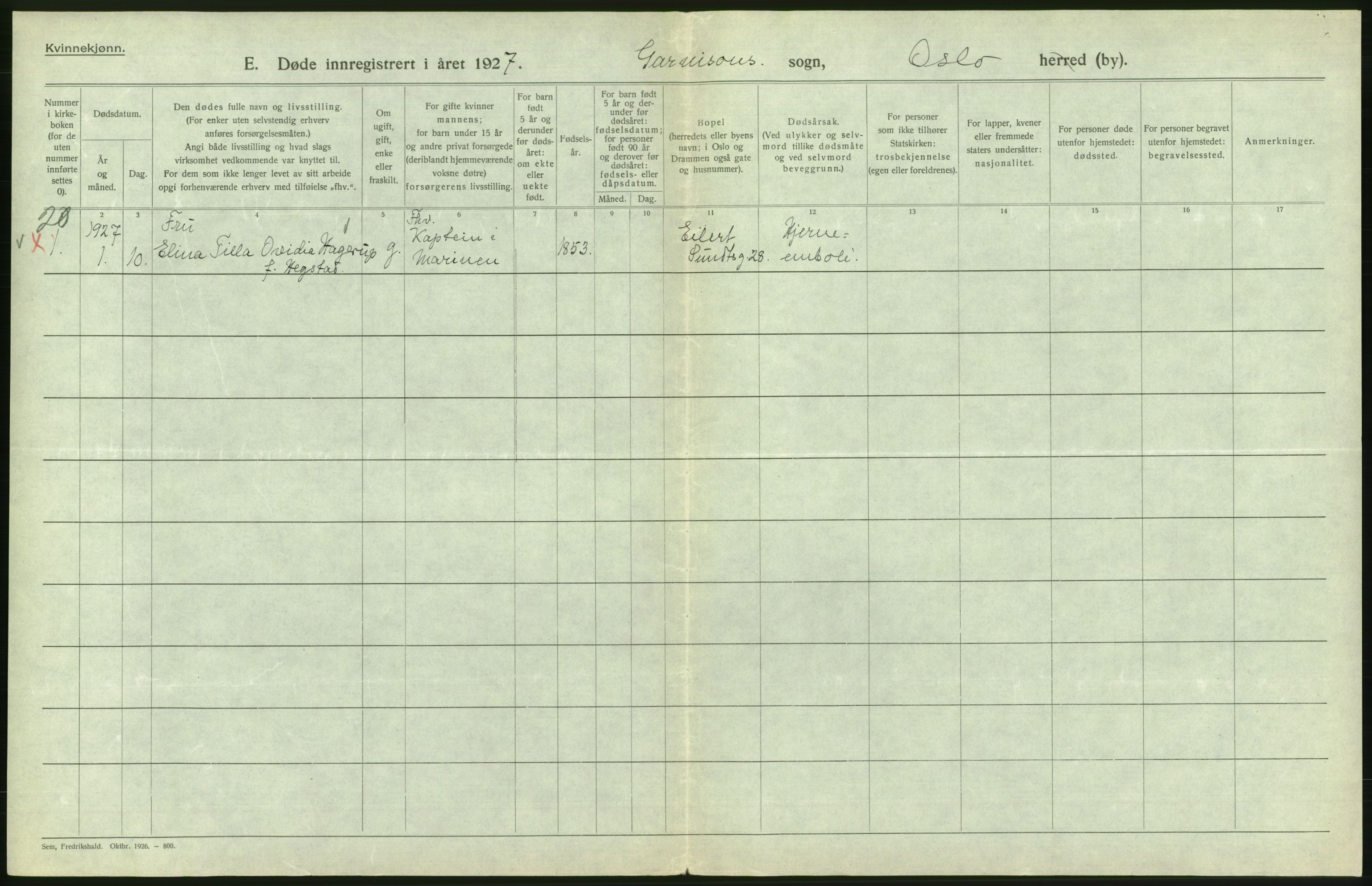 Statistisk sentralbyrå, Sosiodemografiske emner, Befolkning, AV/RA-S-2228/D/Df/Dfc/Dfcg/L0010: Oslo: Døde kvinner, dødfødte, 1927, p. 566