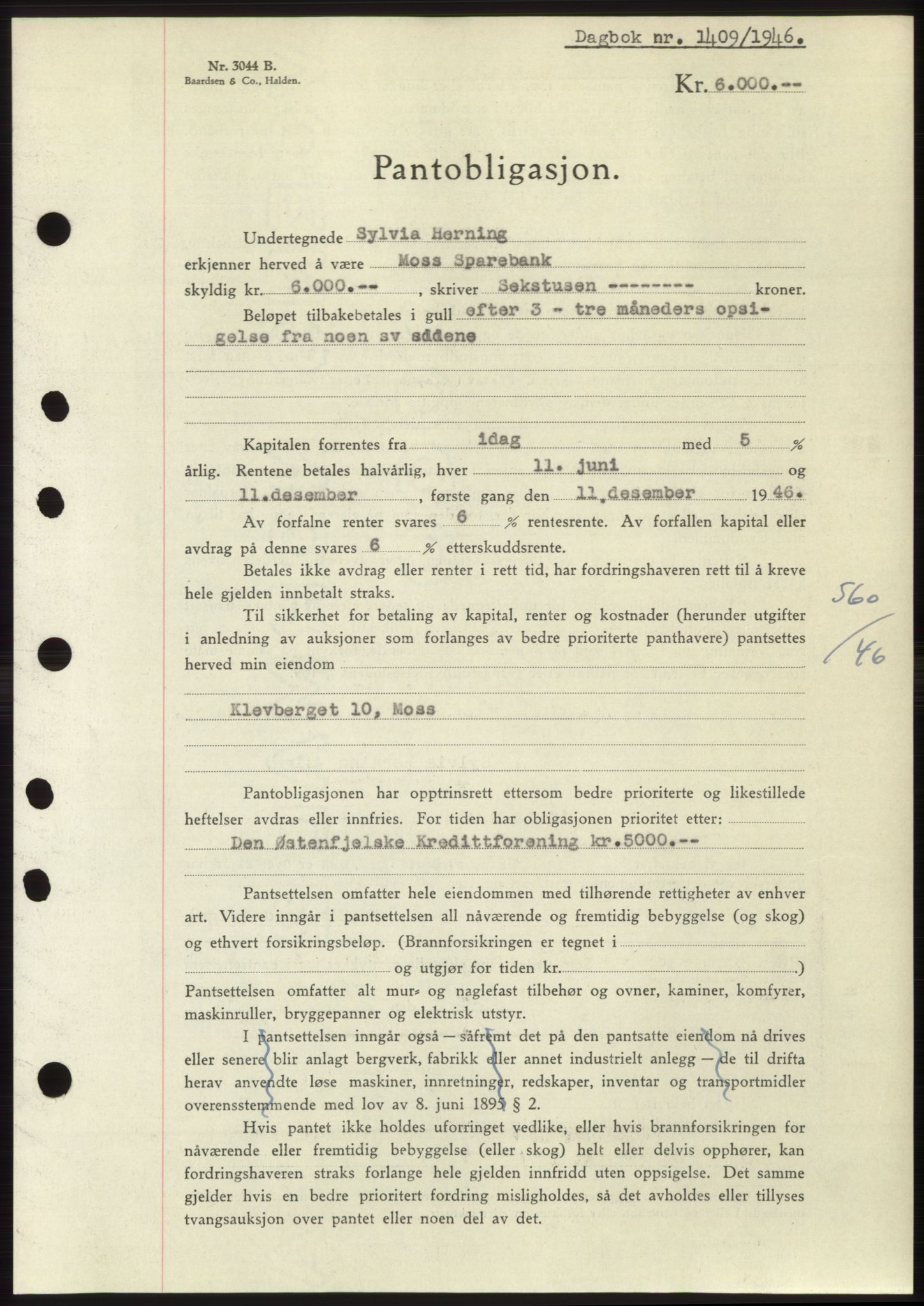 Moss sorenskriveri, AV/SAO-A-10168: Mortgage book no. B15, 1946-1946, Diary no: : 1409/1946