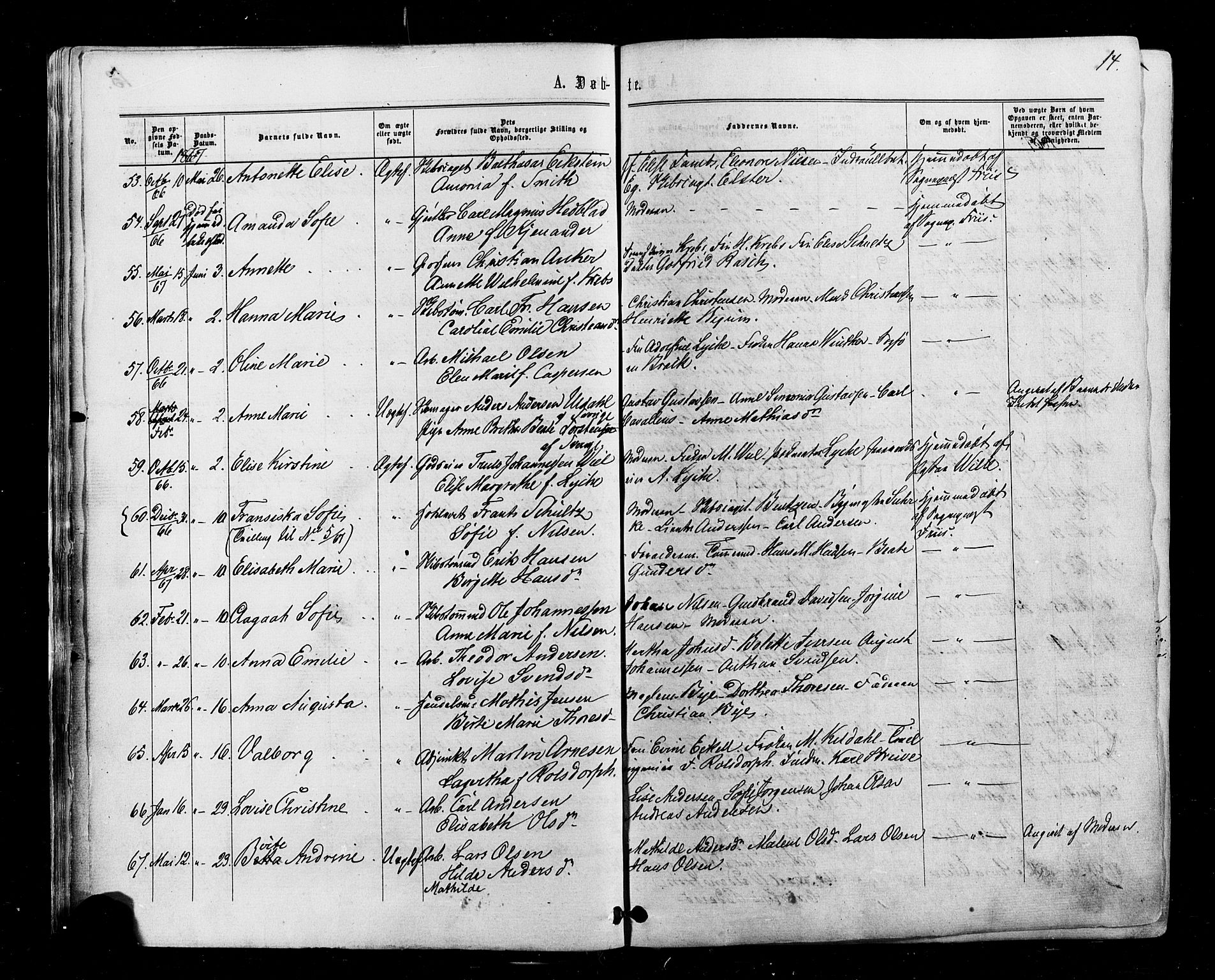 Halden prestekontor Kirkebøker, SAO/A-10909/F/Fa/L0009: Parish register (official) no. I 9, 1866-1877, p. 14