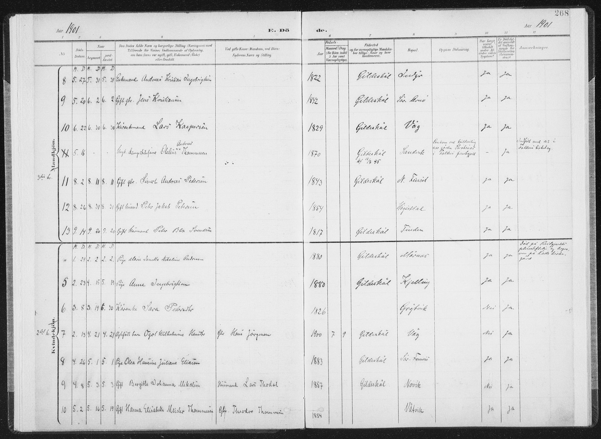 Ministerialprotokoller, klokkerbøker og fødselsregistre - Nordland, AV/SAT-A-1459/805/L0103: Parish register (official) no. 805A08II, 1900-1909, p. 268