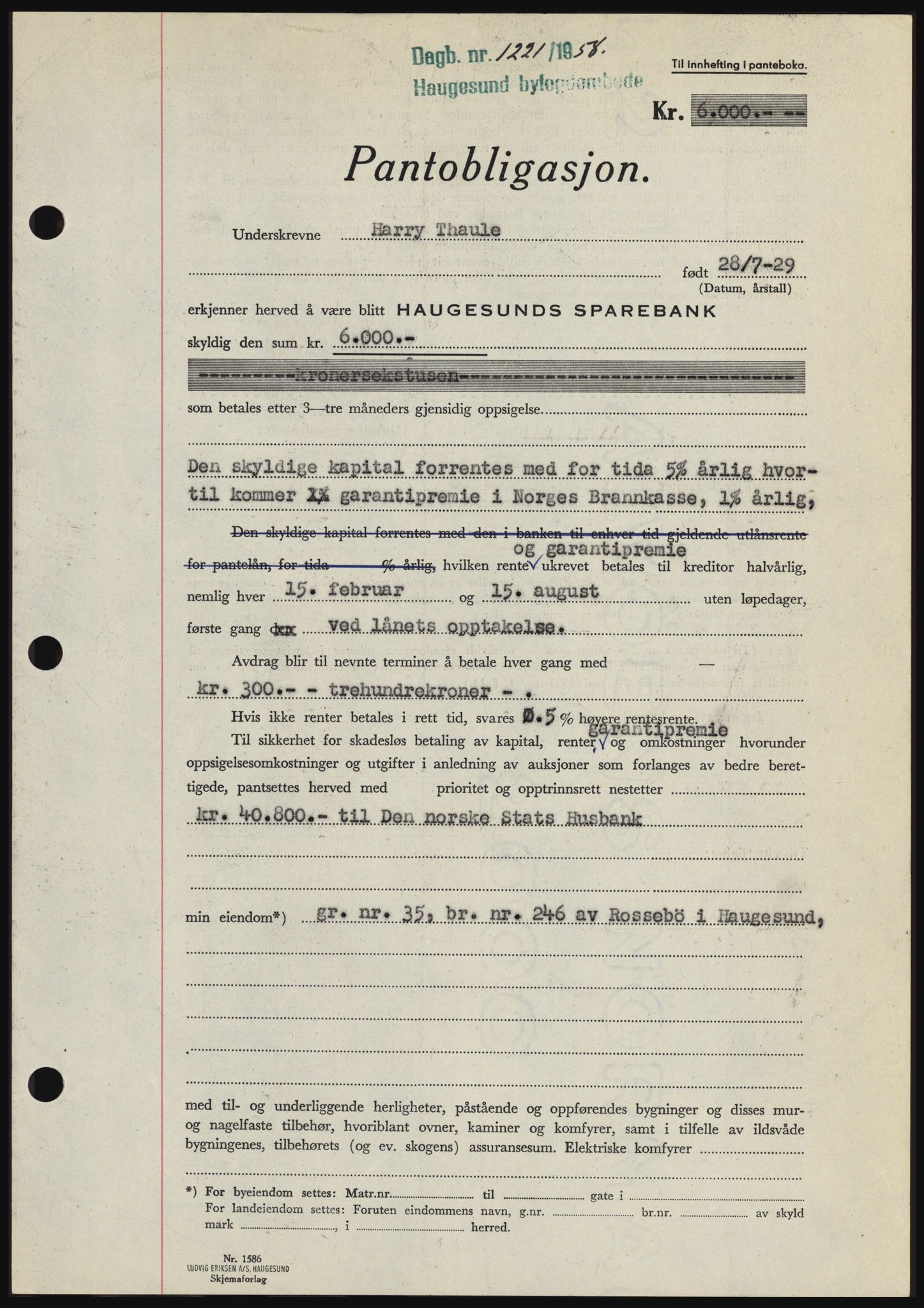 Haugesund tingrett, SAST/A-101415/01/II/IIC/L0044: Mortgage book no. B 44, 1958-1959, Diary no: : 1221/1958