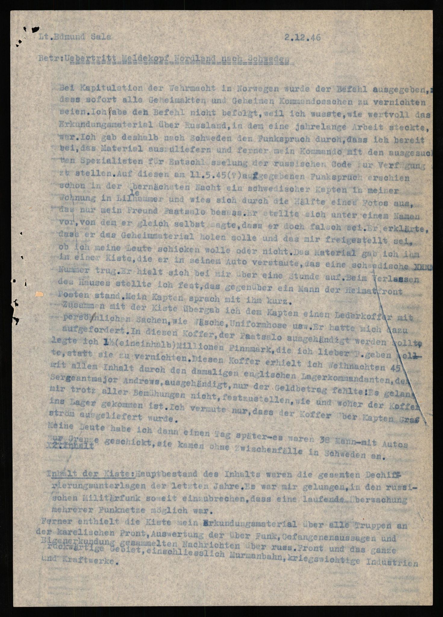 Forsvaret, Forsvarets overkommando II, RA/RAFA-3915/D/Db/L0028: CI Questionaires. Tyske okkupasjonsstyrker i Norge. Tyskere., 1945-1946, p. 442
