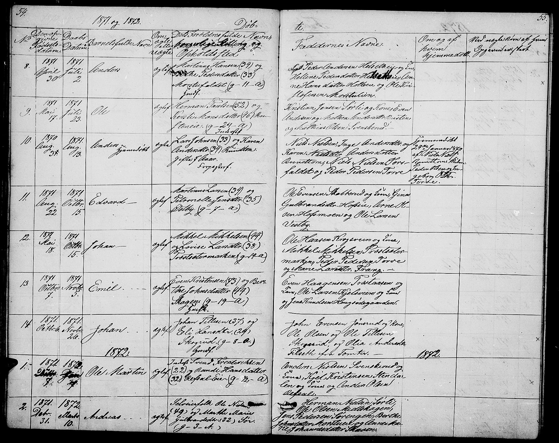 Stange prestekontor, SAH/PREST-002/L/L0005: Parish register (copy) no. 5, 1861-1881, p. 54-55