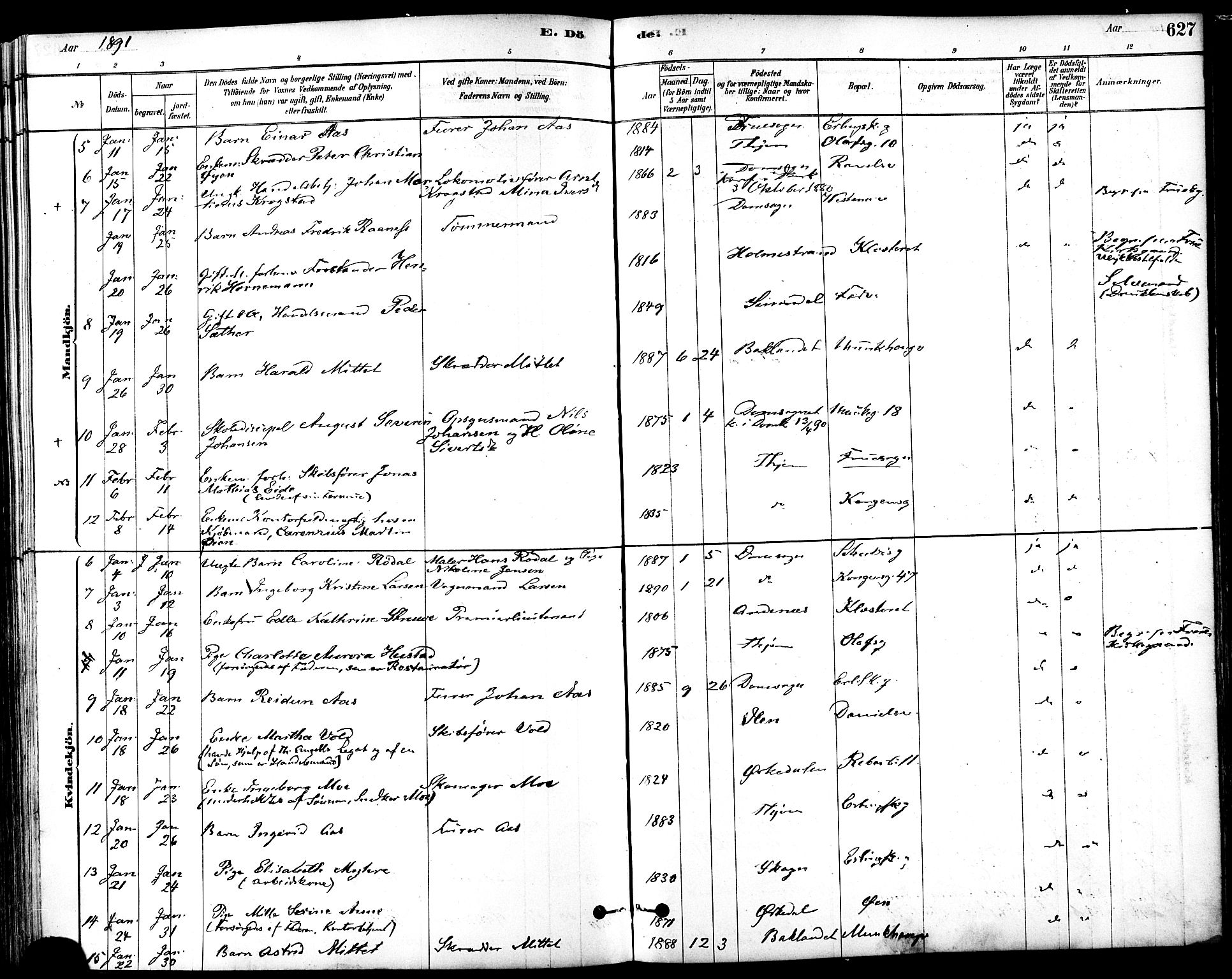 Ministerialprotokoller, klokkerbøker og fødselsregistre - Sør-Trøndelag, SAT/A-1456/601/L0058: Parish register (official) no. 601A26, 1877-1891, p. 627