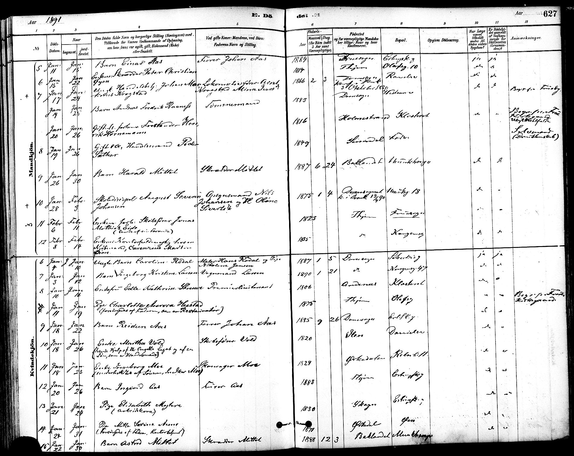 Ministerialprotokoller, klokkerbøker og fødselsregistre - Sør-Trøndelag, AV/SAT-A-1456/601/L0058: Parish register (official) no. 601A26, 1877-1891, p. 627