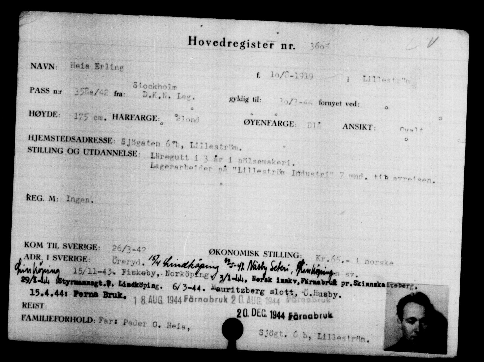 Utenriksstasjonene, Legasjonen i Stockholm, Flyktningkontoret, AV/RA-S-6753/V/Va/L0004: Kjesäterkartoteket, flyktninger med registreringsnr. 3496-6610, 1940-1945, p. 125
