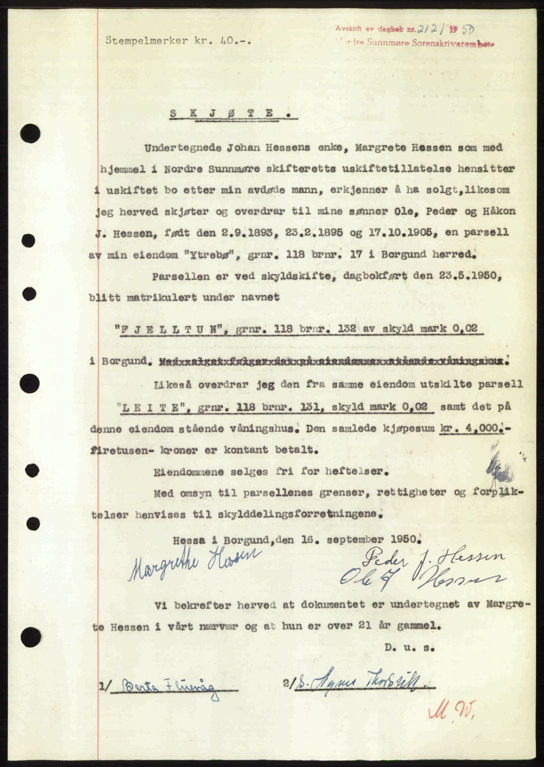 Nordre Sunnmøre sorenskriveri, SAT/A-0006/1/2/2C/2Ca: Mortgage book no. A35, 1950-1950, Diary no: : 2121/1950