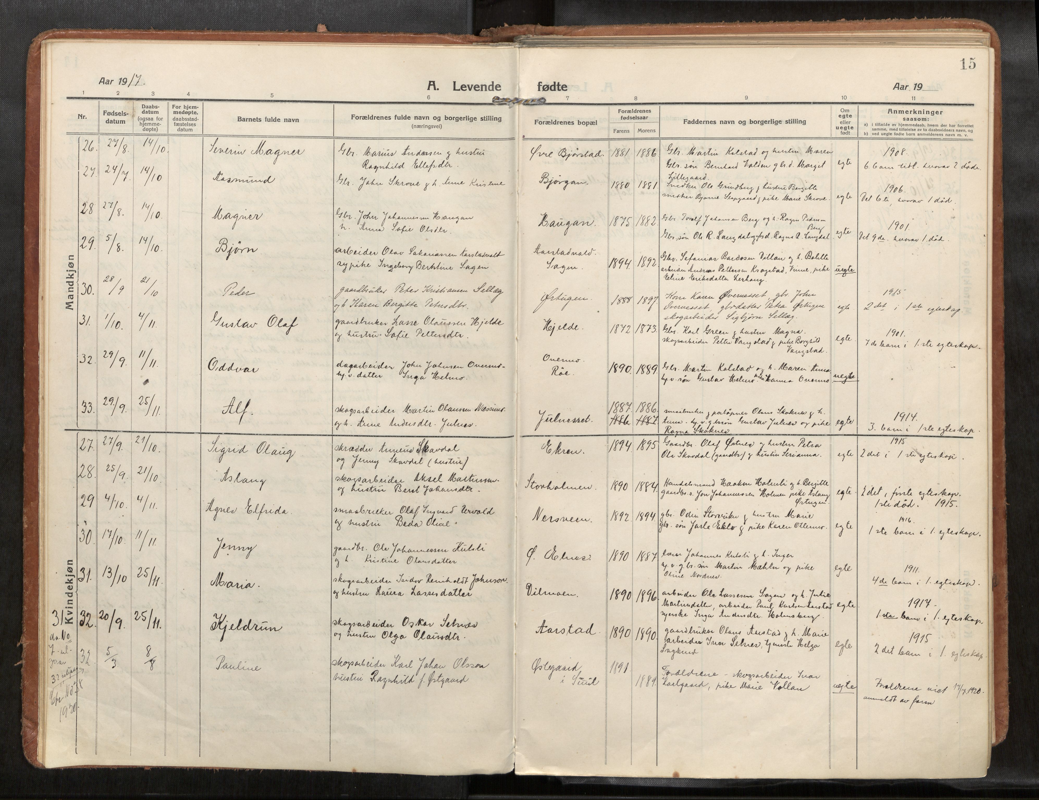 Verdal sokneprestkontor, SAT/A-1156/2/H/Haa/L0004: Parish register (official) no. 4, 1916-1928, p. 15