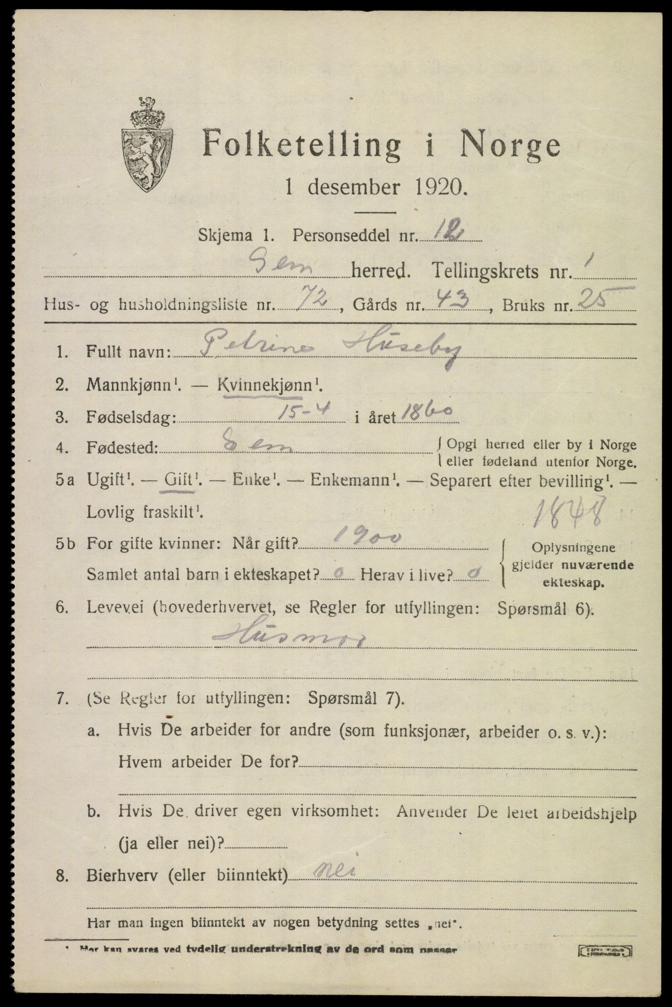 SAKO, 1920 census for Sem, 1920, p. 3555