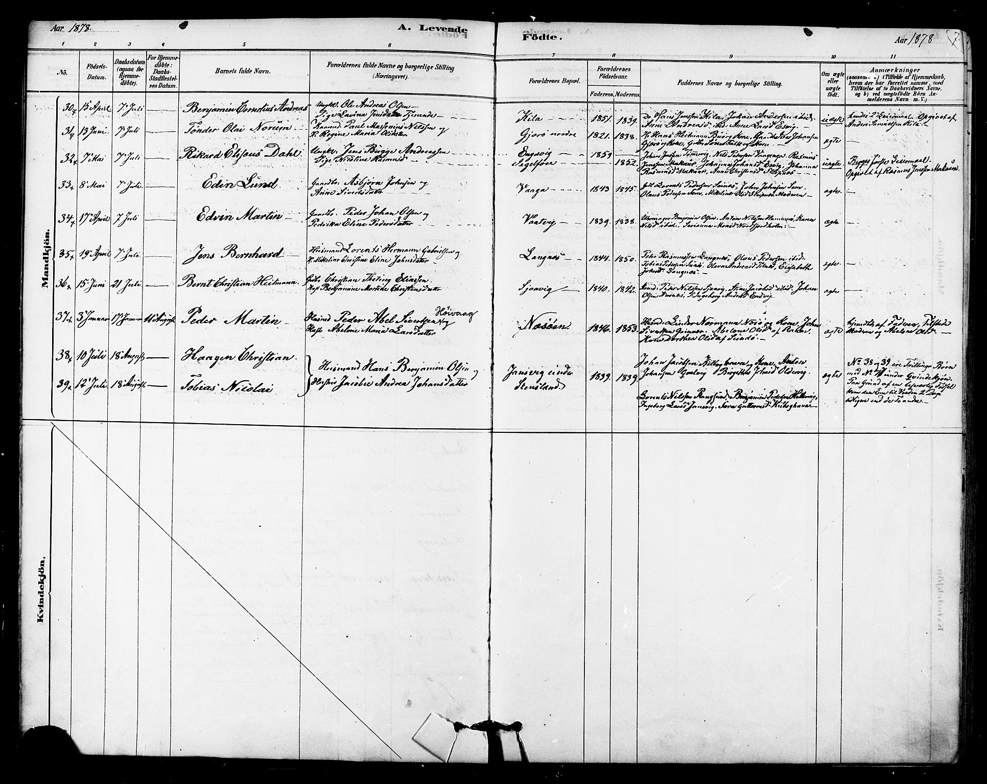 Ministerialprotokoller, klokkerbøker og fødselsregistre - Nordland, AV/SAT-A-1459/841/L0609: Parish register (official) no. 841A12, 1878-1901, p. 7