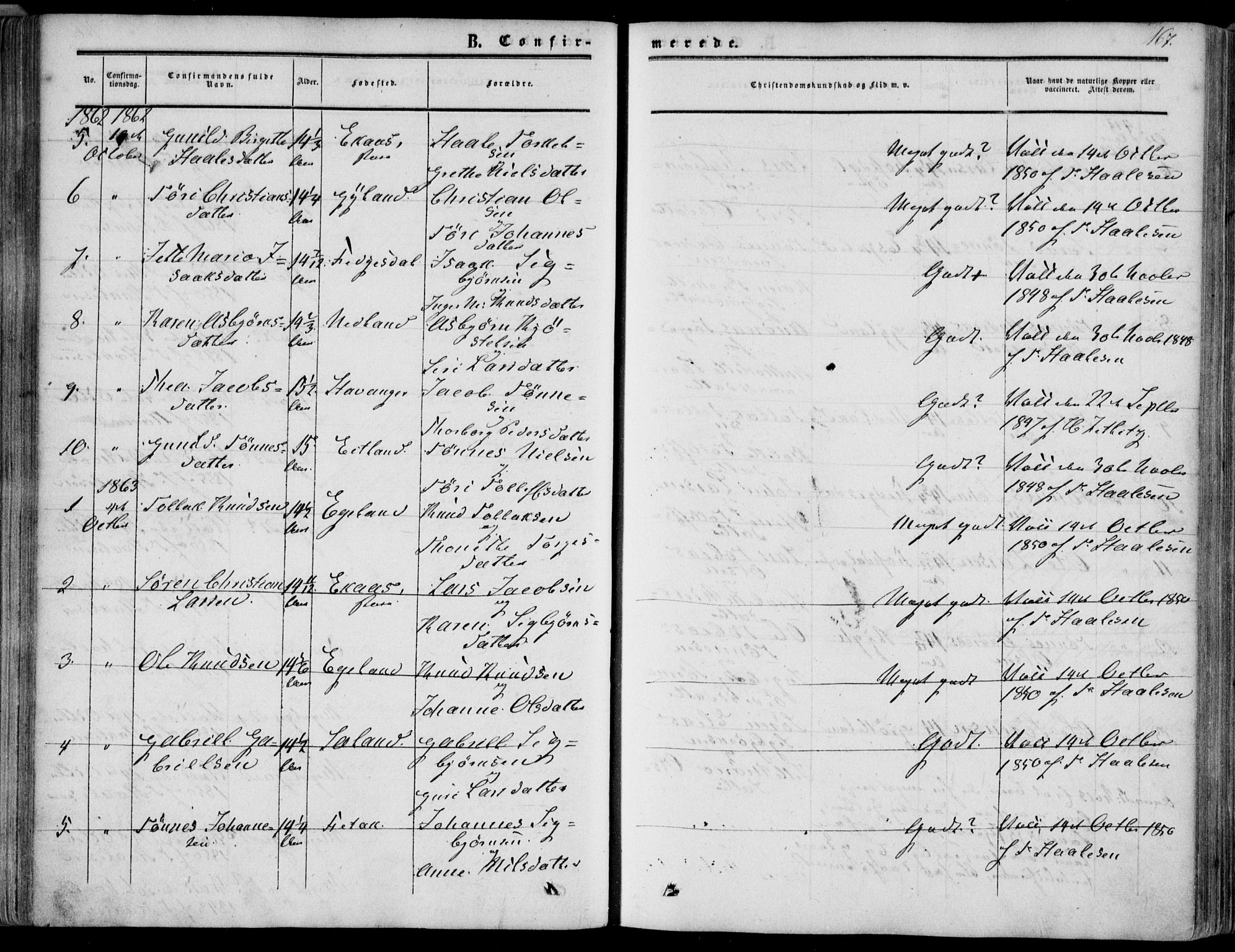 Bakke sokneprestkontor, SAK/1111-0002/F/Fa/Fab/L0002: Parish register (official) no. A 2, 1855-1884, p. 167