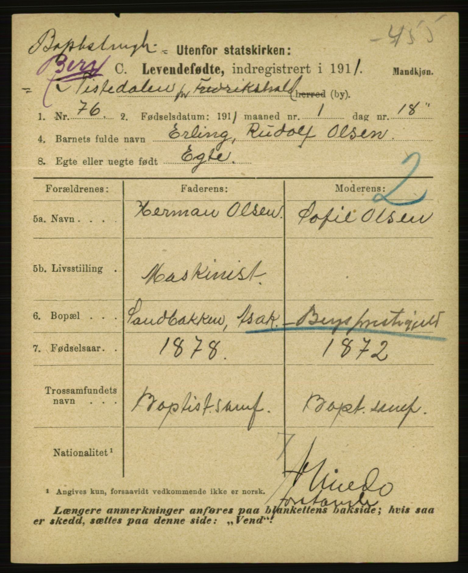 Statistisk sentralbyrå, Sosiodemografiske emner, Befolkning, AV/RA-S-2228/E/L0009: Fødte, gifte, døde dissentere., 1911, p. 7