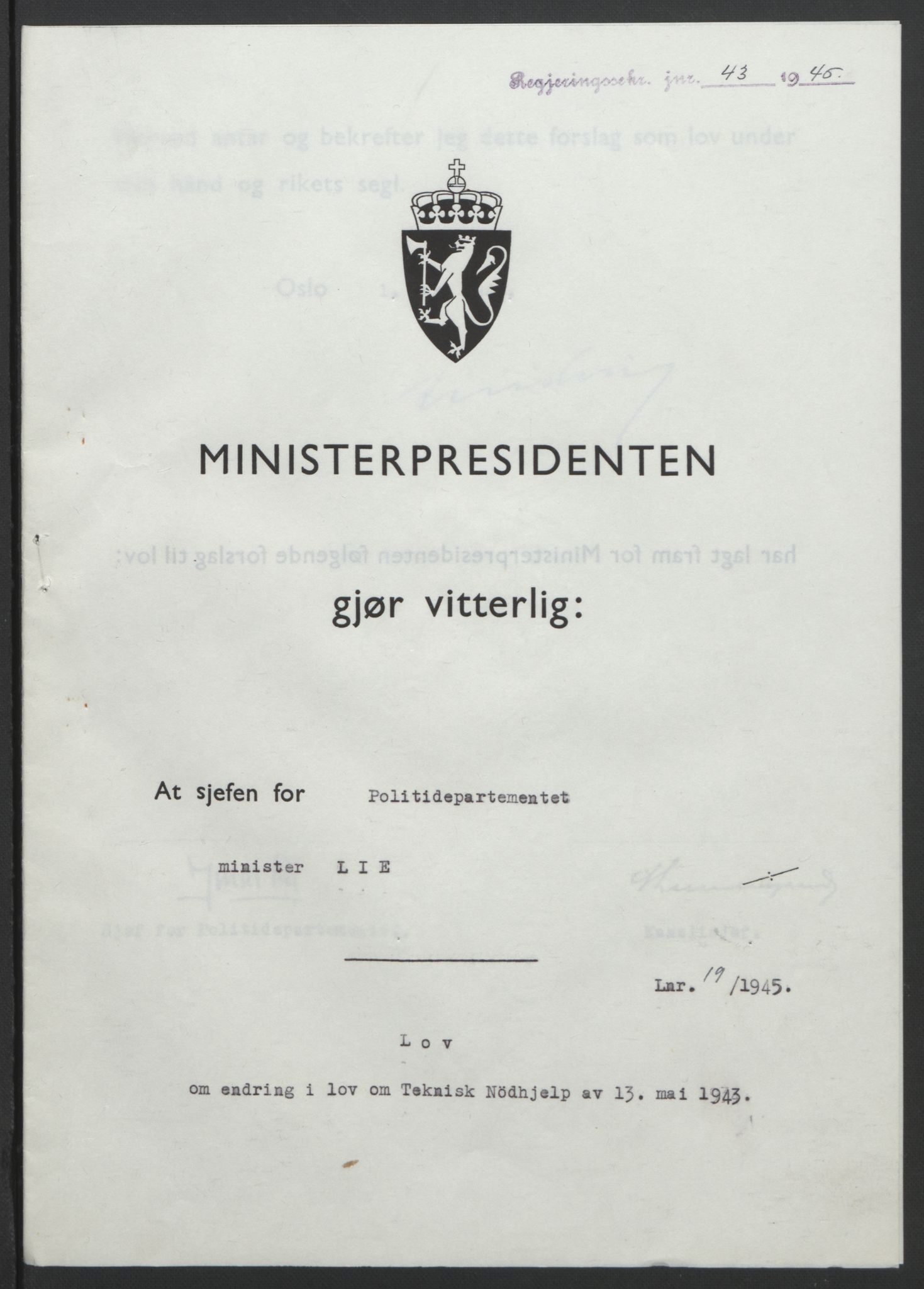 NS-administrasjonen 1940-1945 (Statsrådsekretariatet, de kommisariske statsråder mm), AV/RA-S-4279/D/Db/L0101/0001: -- / Lover og vedtak, 1945, p. 81