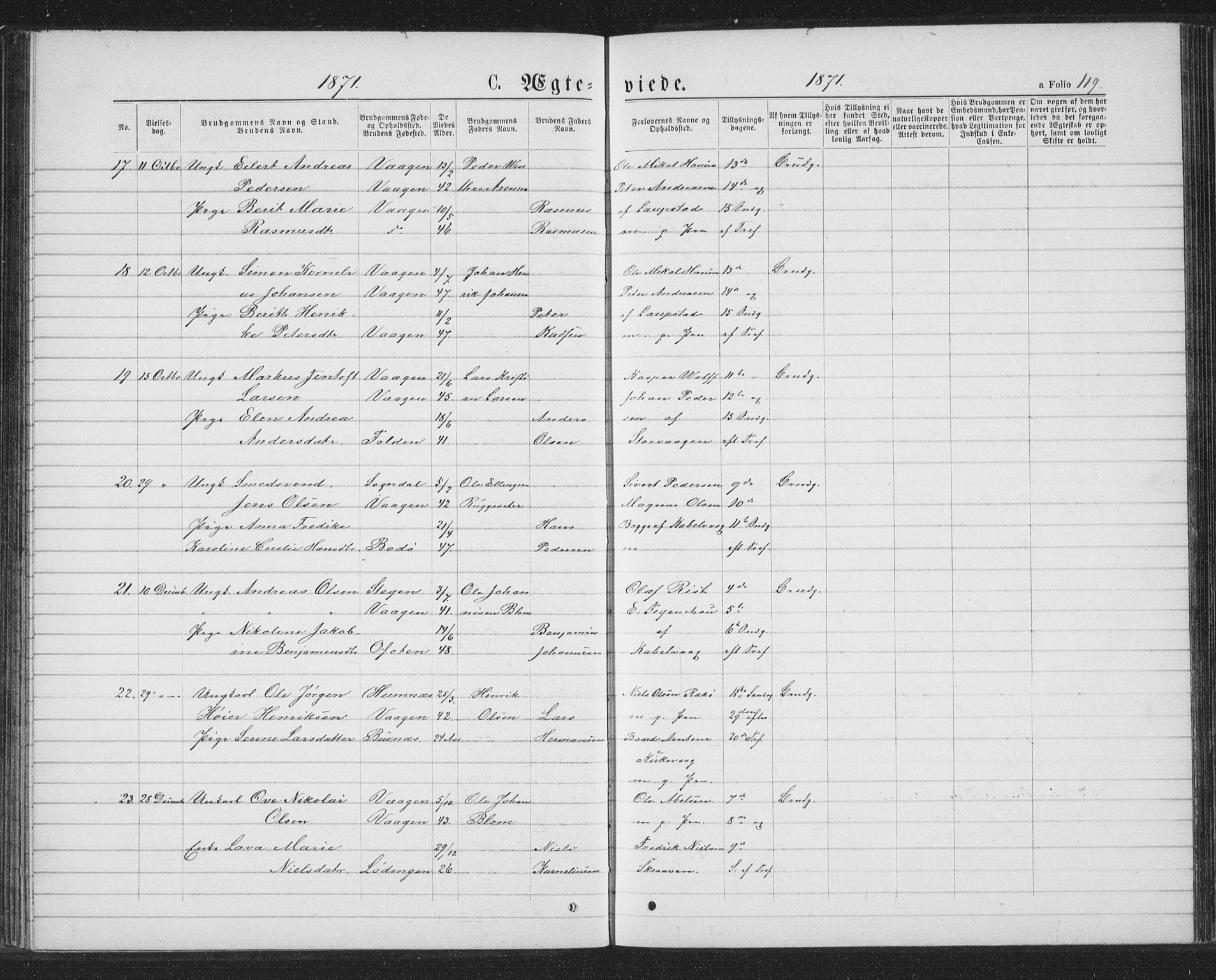 Ministerialprotokoller, klokkerbøker og fødselsregistre - Nordland, SAT/A-1459/874/L1074: Parish register (copy) no. 874C03, 1870-1876, p. 119