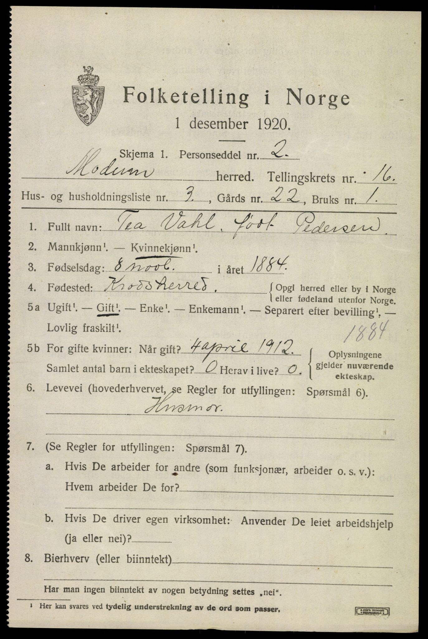 SAKO, 1920 census for Modum, 1920, p. 19435