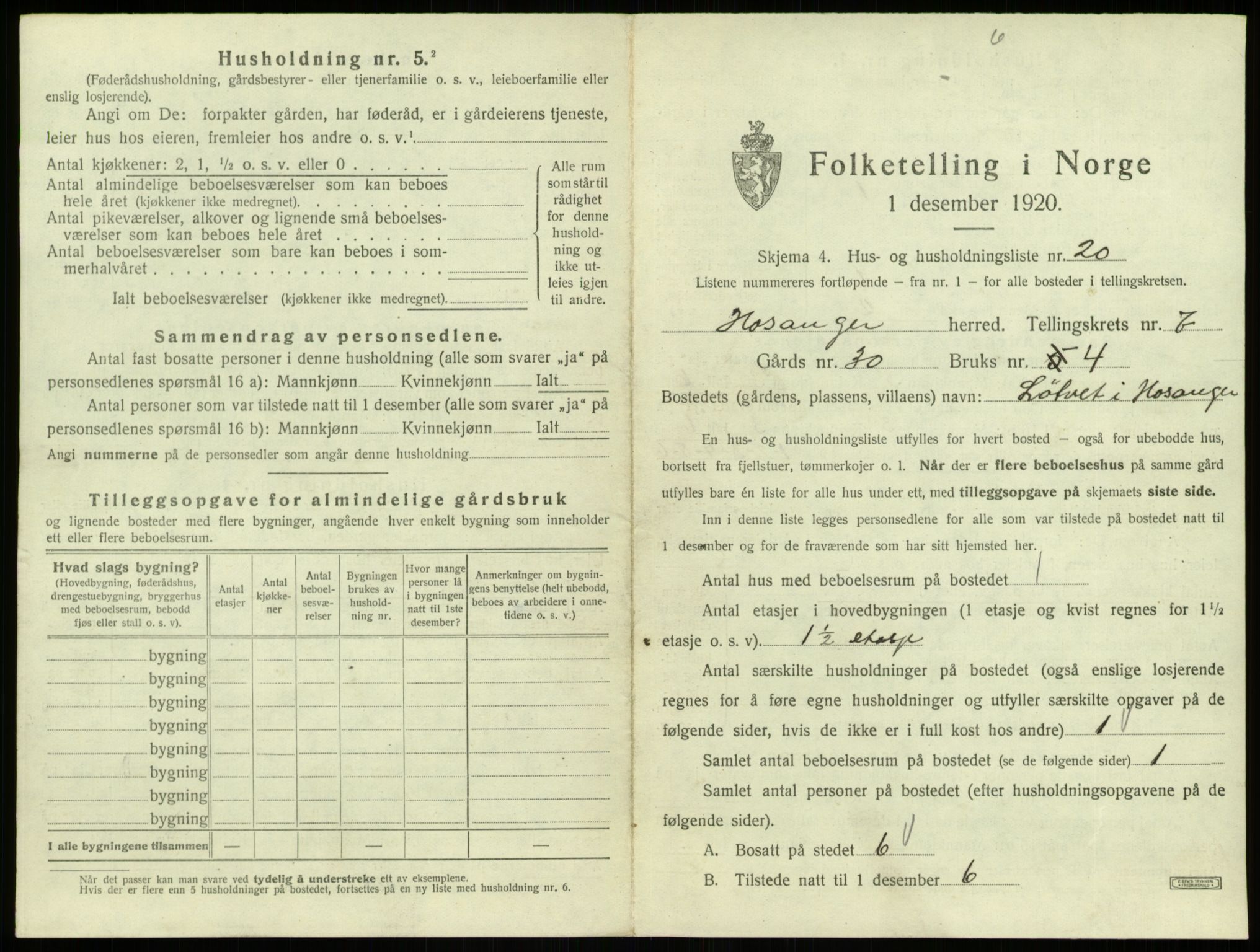 SAB, 1920 census for Hosanger, 1920, p. 421