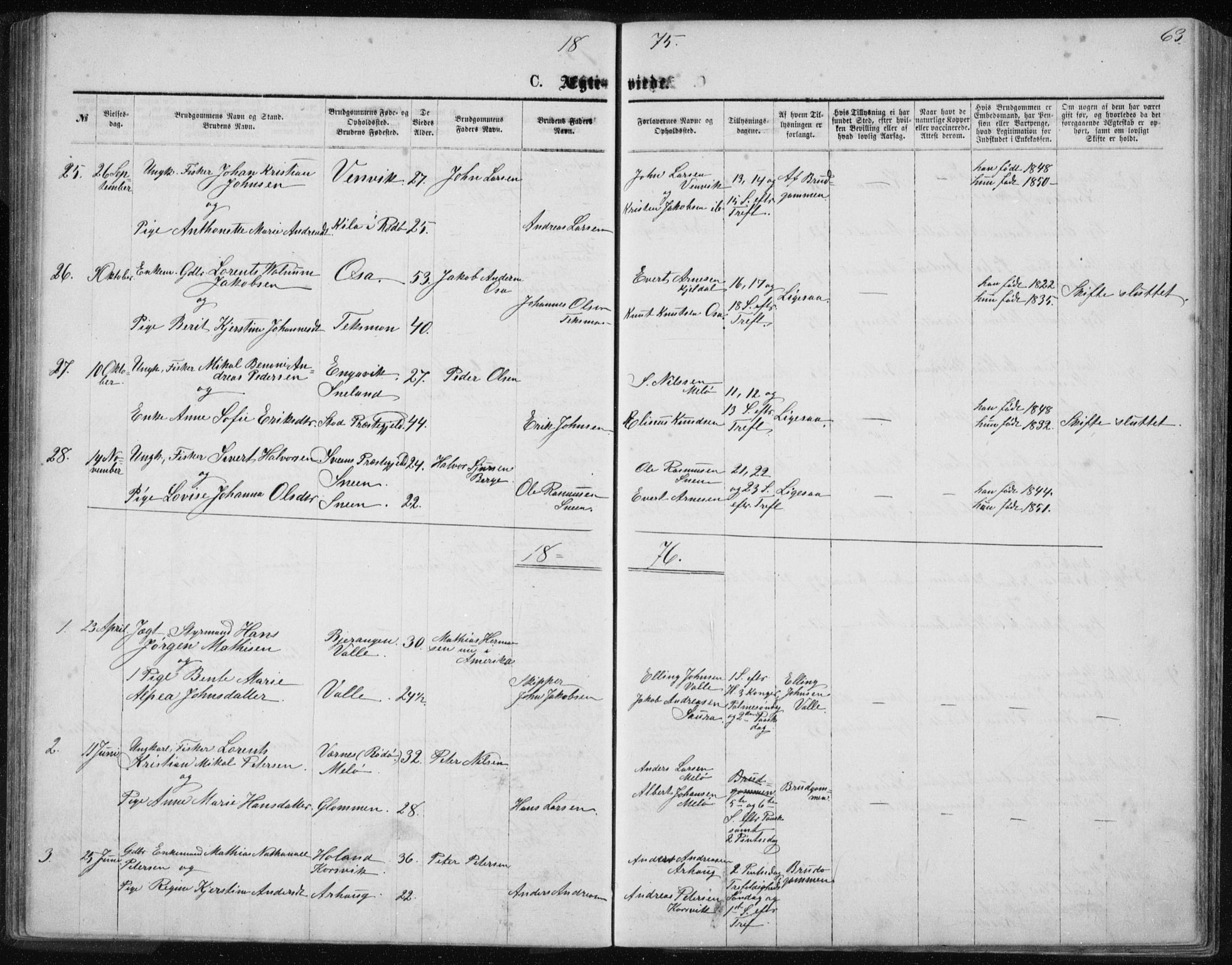 Ministerialprotokoller, klokkerbøker og fødselsregistre - Nordland, SAT/A-1459/843/L0635: Parish register (copy) no. 843C04, 1872-1887, p. 63