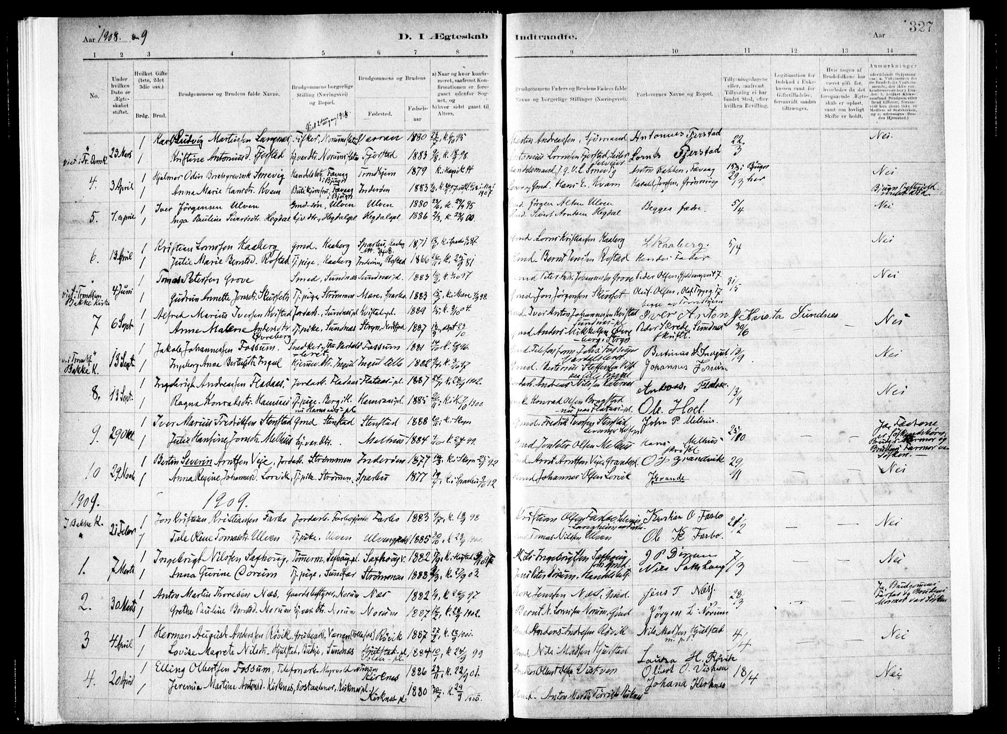 Ministerialprotokoller, klokkerbøker og fødselsregistre - Nord-Trøndelag, AV/SAT-A-1458/730/L0285: Parish register (official) no. 730A10, 1879-1914, p. 327