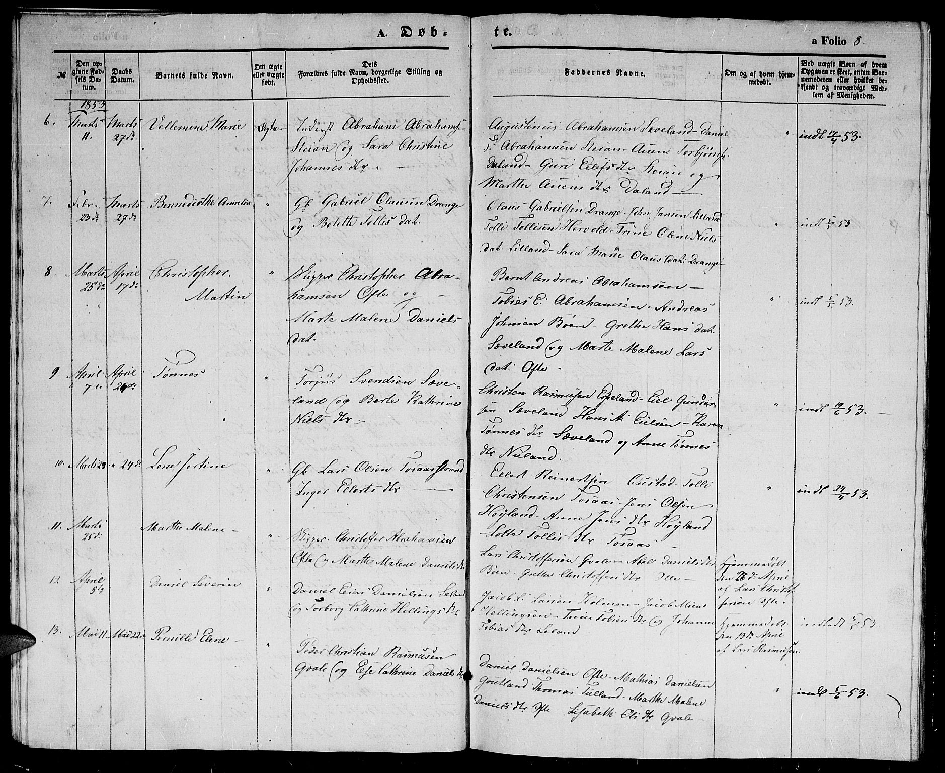 Herad sokneprestkontor, AV/SAK-1111-0018/F/Fb/Fba/L0002: Parish register (copy) no. B 2, 1852-1862, p. 8