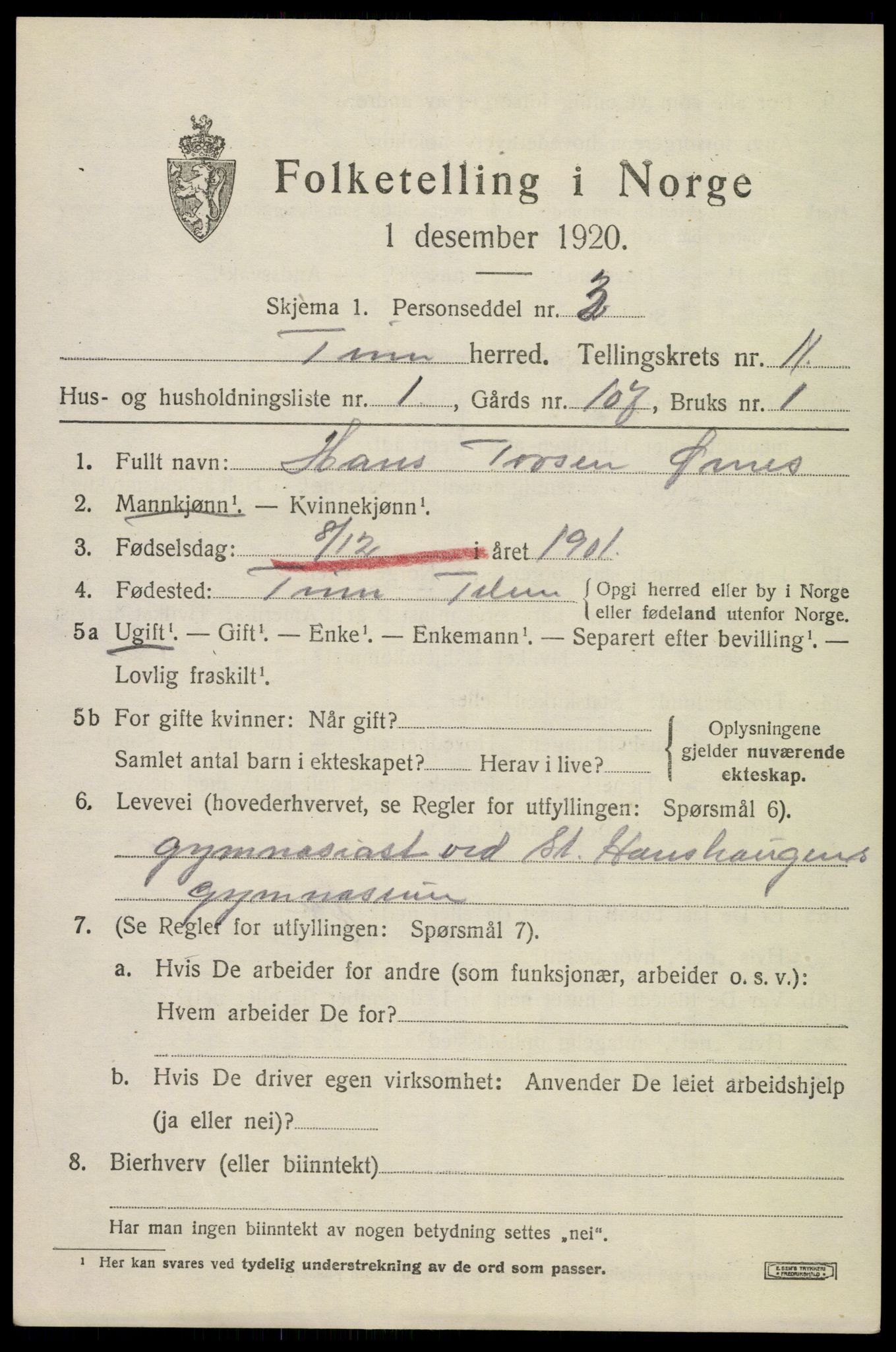 SAKO, 1920 census for Tinn, 1920, p. 6952