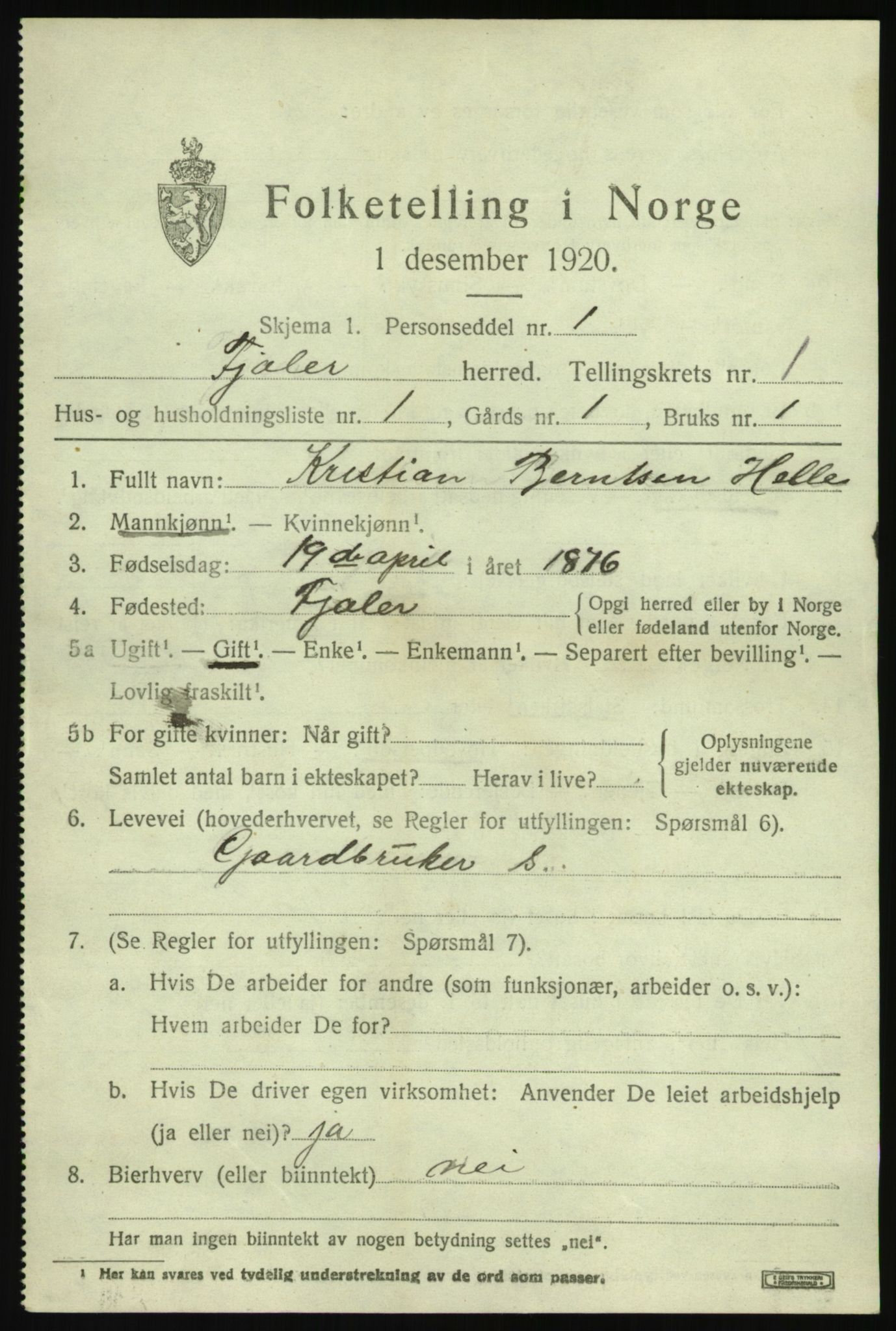 SAB, 1920 census for Fjaler, 1920, p. 1377