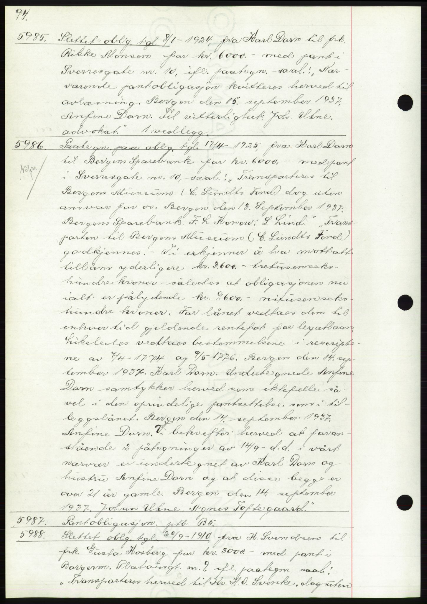 Byfogd og Byskriver i Bergen, AV/SAB-A-3401/03: Mortgage book no. C 5, 1937-1937, Diary no: : 5985/1937