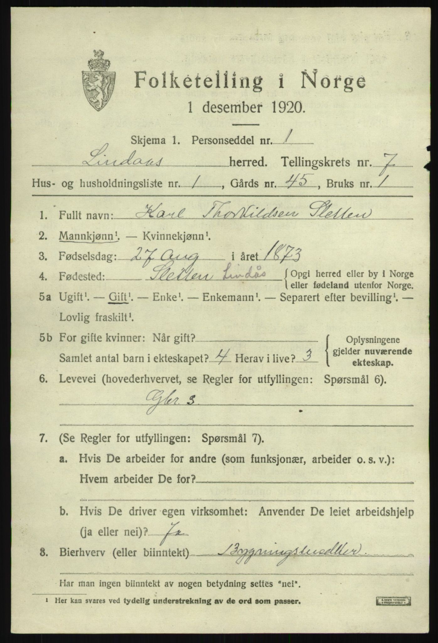 SAB, 1920 census for Lindås, 1920, p. 4031