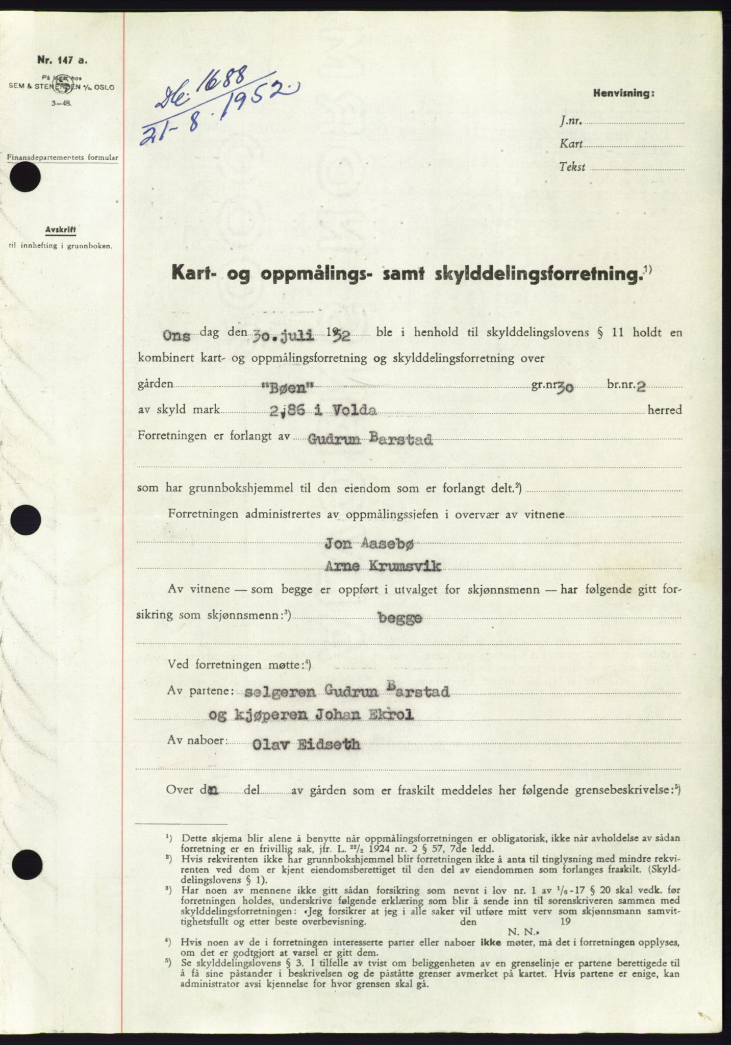 Søre Sunnmøre sorenskriveri, AV/SAT-A-4122/1/2/2C/L0092: Mortgage book no. 18A, 1952-1952, Diary no: : 1688/1952