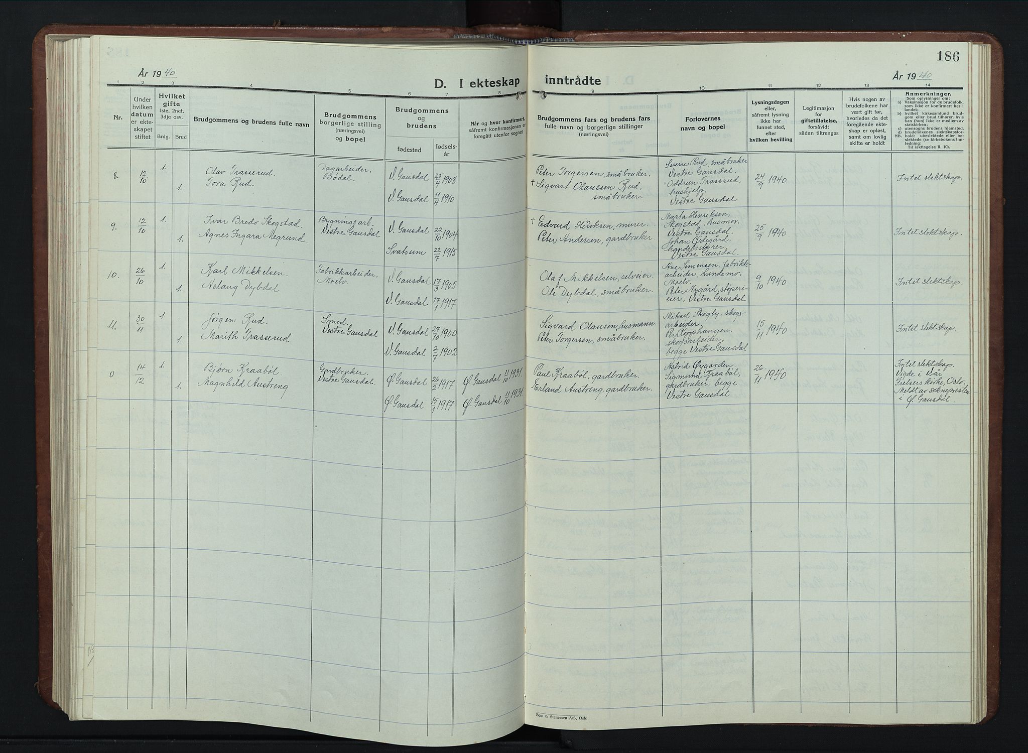 Vestre Gausdal prestekontor, AV/SAH-PREST-094/H/Ha/Hab/L0005: Parish register (copy) no. 5, 1926-1955, p. 186