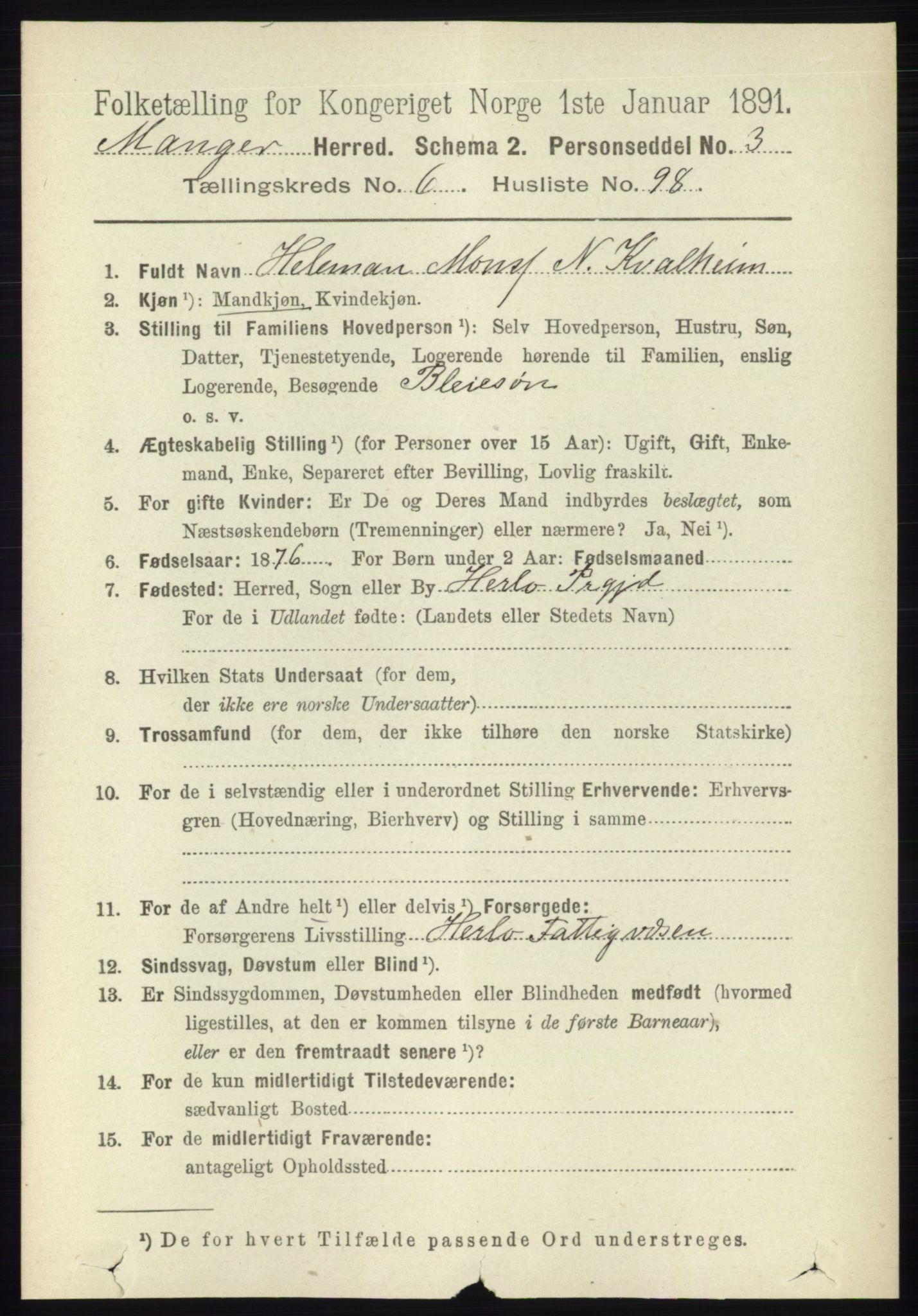 RA, 1891 census for 1261 Manger, 1891, p. 3935