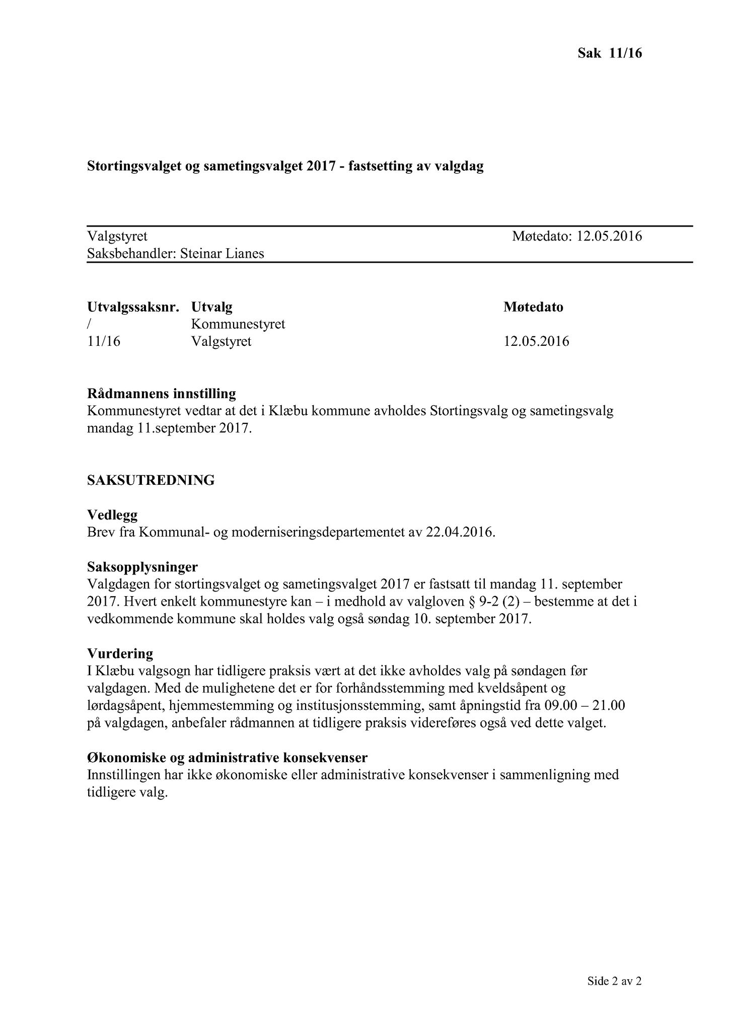 Klæbu Kommune, TRKO/KK/10-VS/L002: Valgstyret - Møtedokumenter, 2016, p. 35