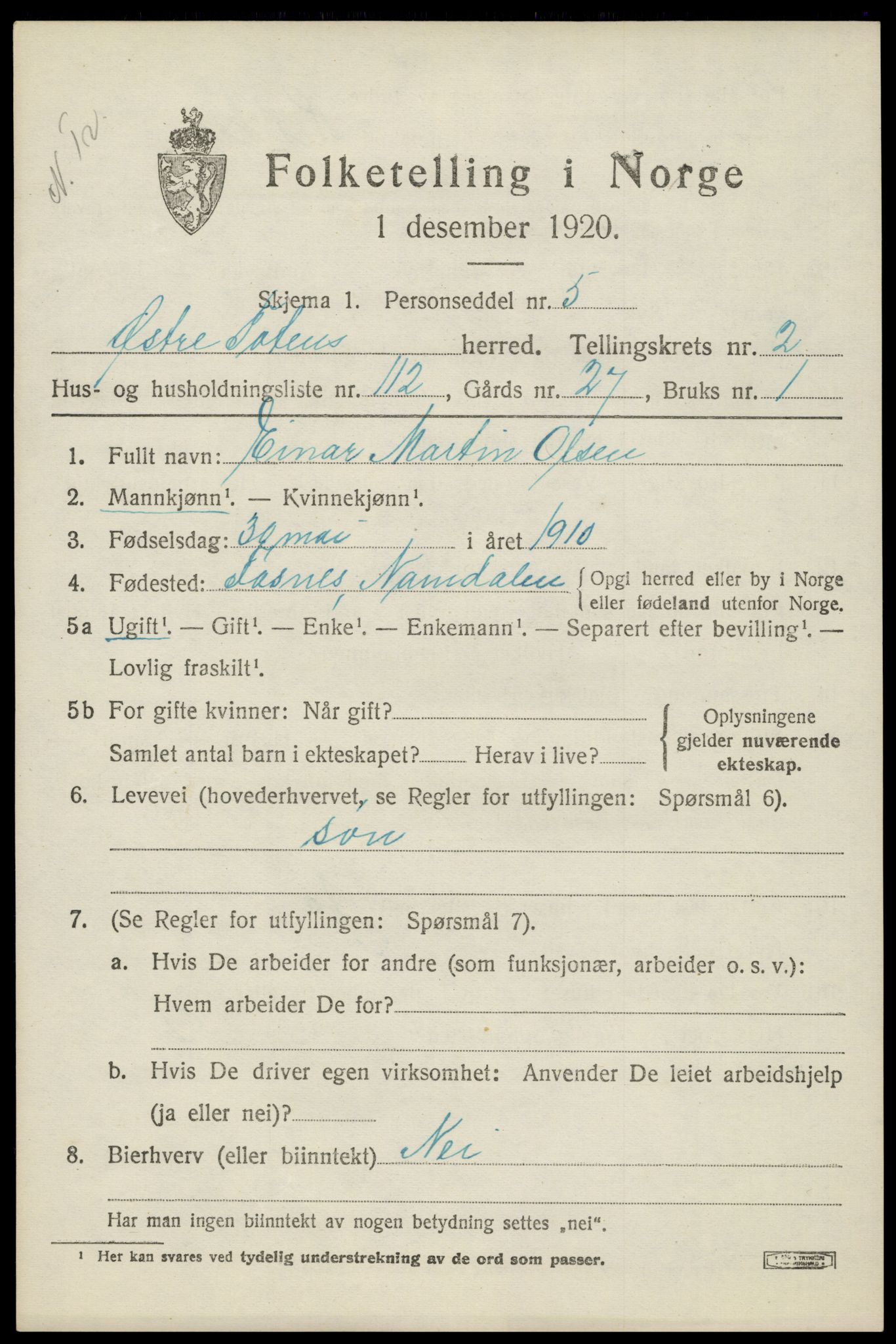 SAH, 1920 census for Østre Toten, 1920, p. 5448