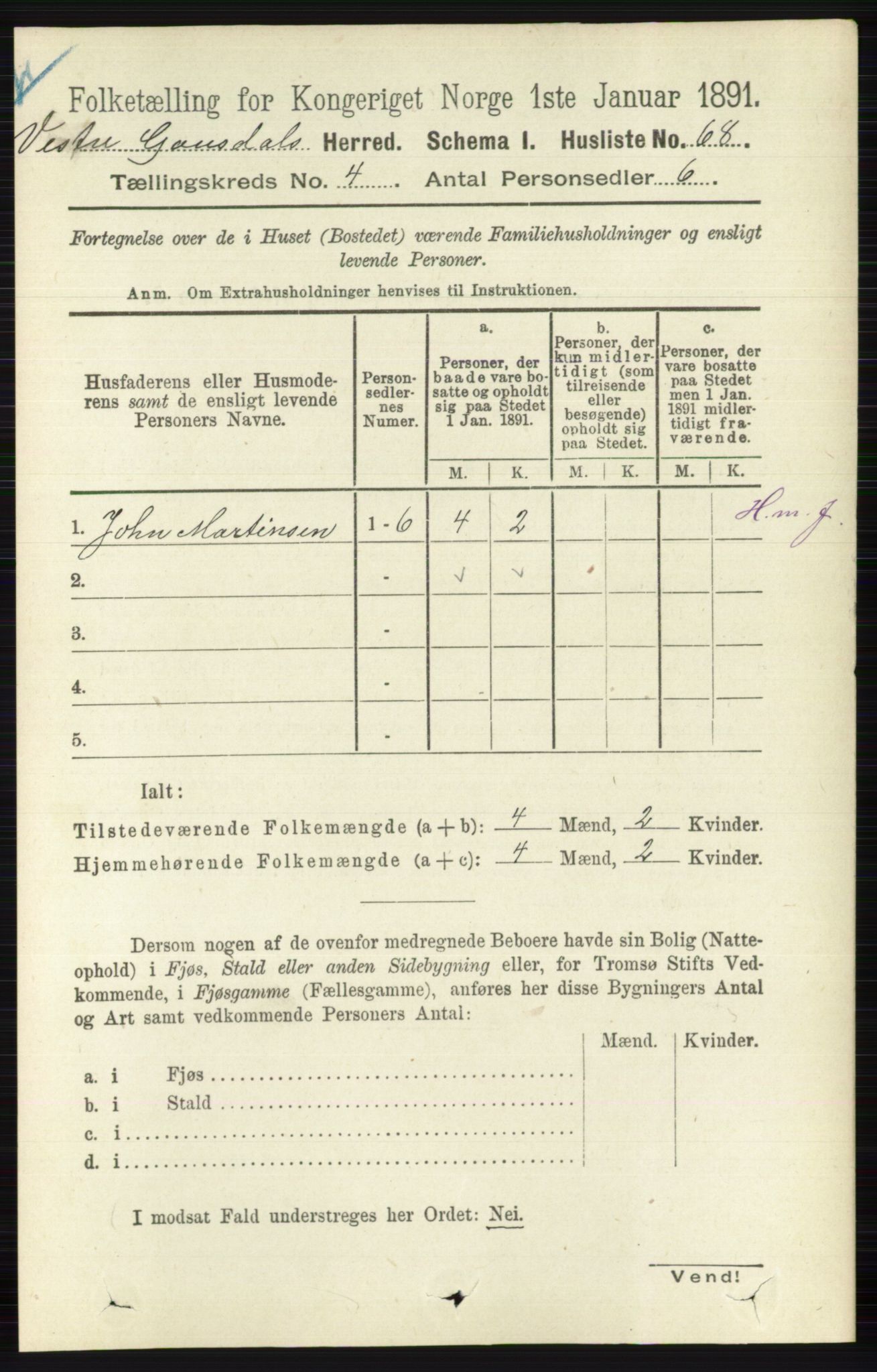 RA, 1891 census for 0523 Vestre Gausdal, 1891, p. 1707