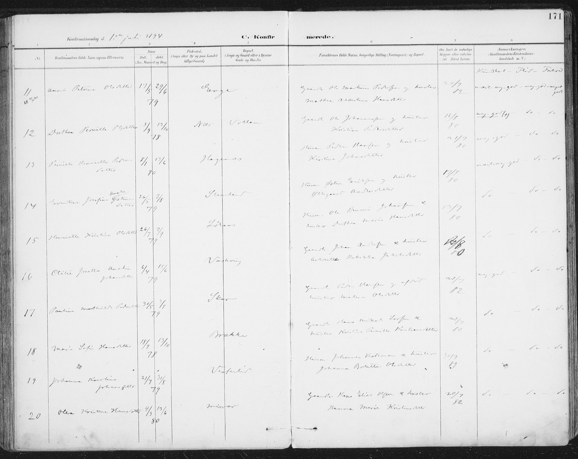 Ministerialprotokoller, klokkerbøker og fødselsregistre - Nordland, AV/SAT-A-1459/852/L0741: Parish register (official) no. 852A11, 1894-1917, p. 171