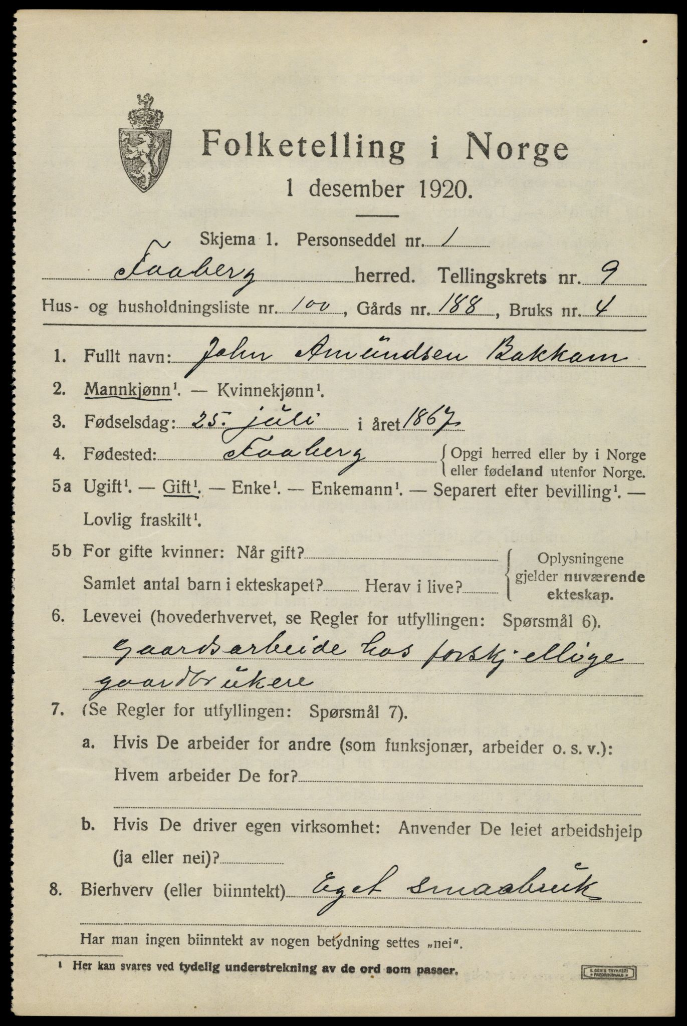 SAH, 1920 census for Fåberg, 1920, p. 11646