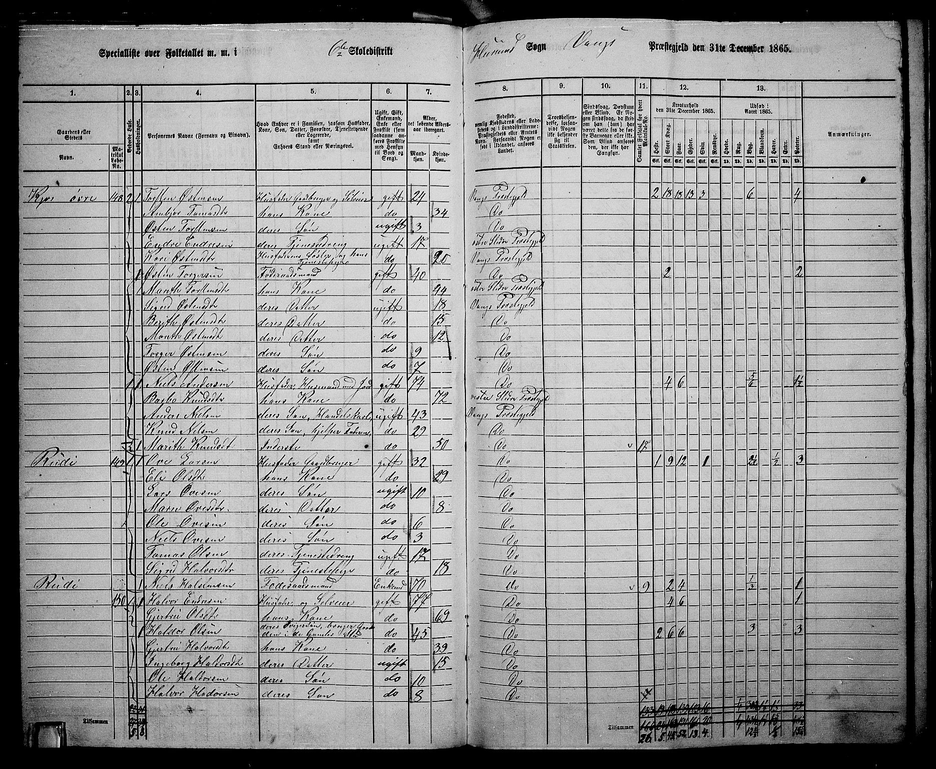 RA, 1865 census for Vang, 1865, p. 102