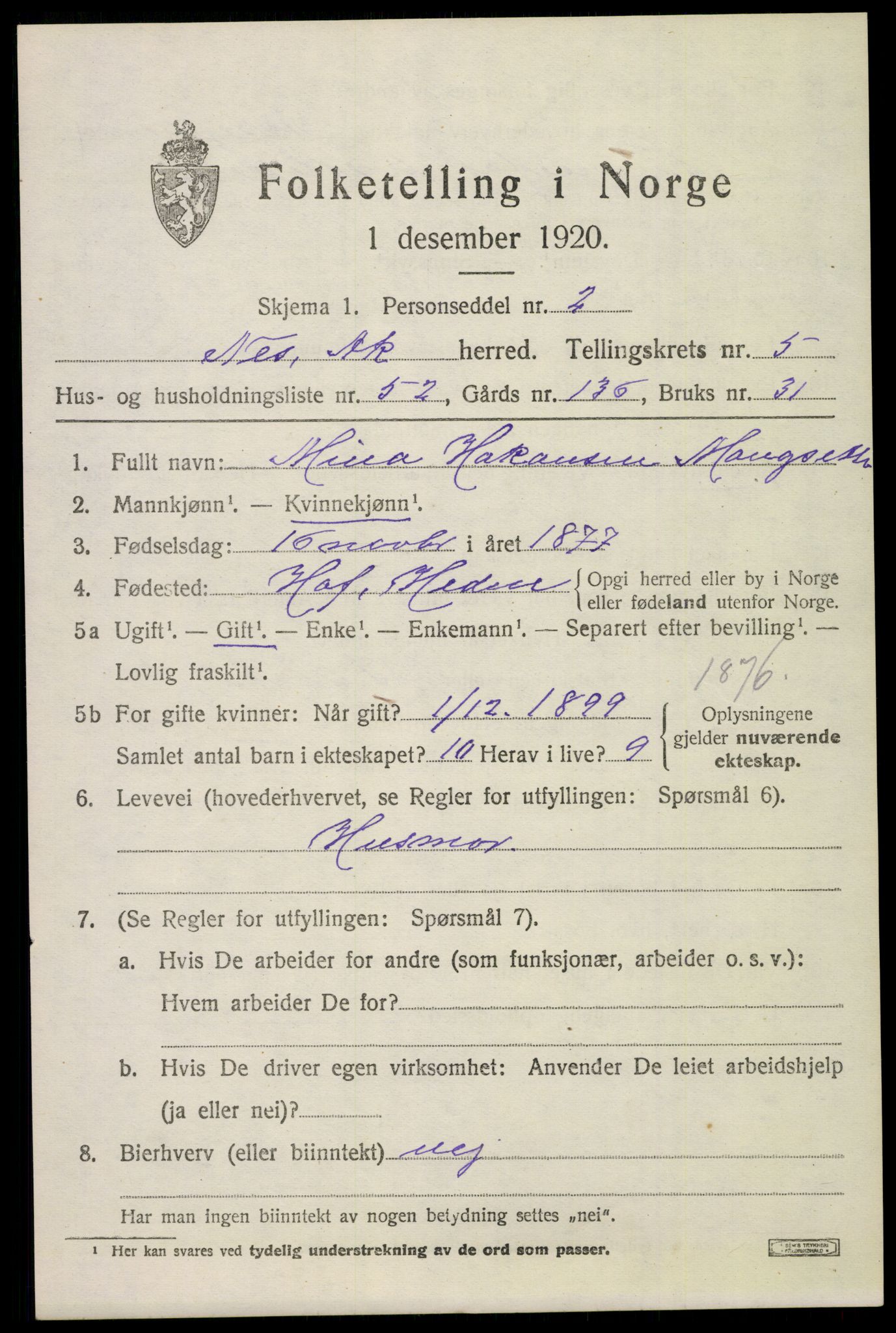 SAO, 1920 census for Nes, 1920, p. 7112