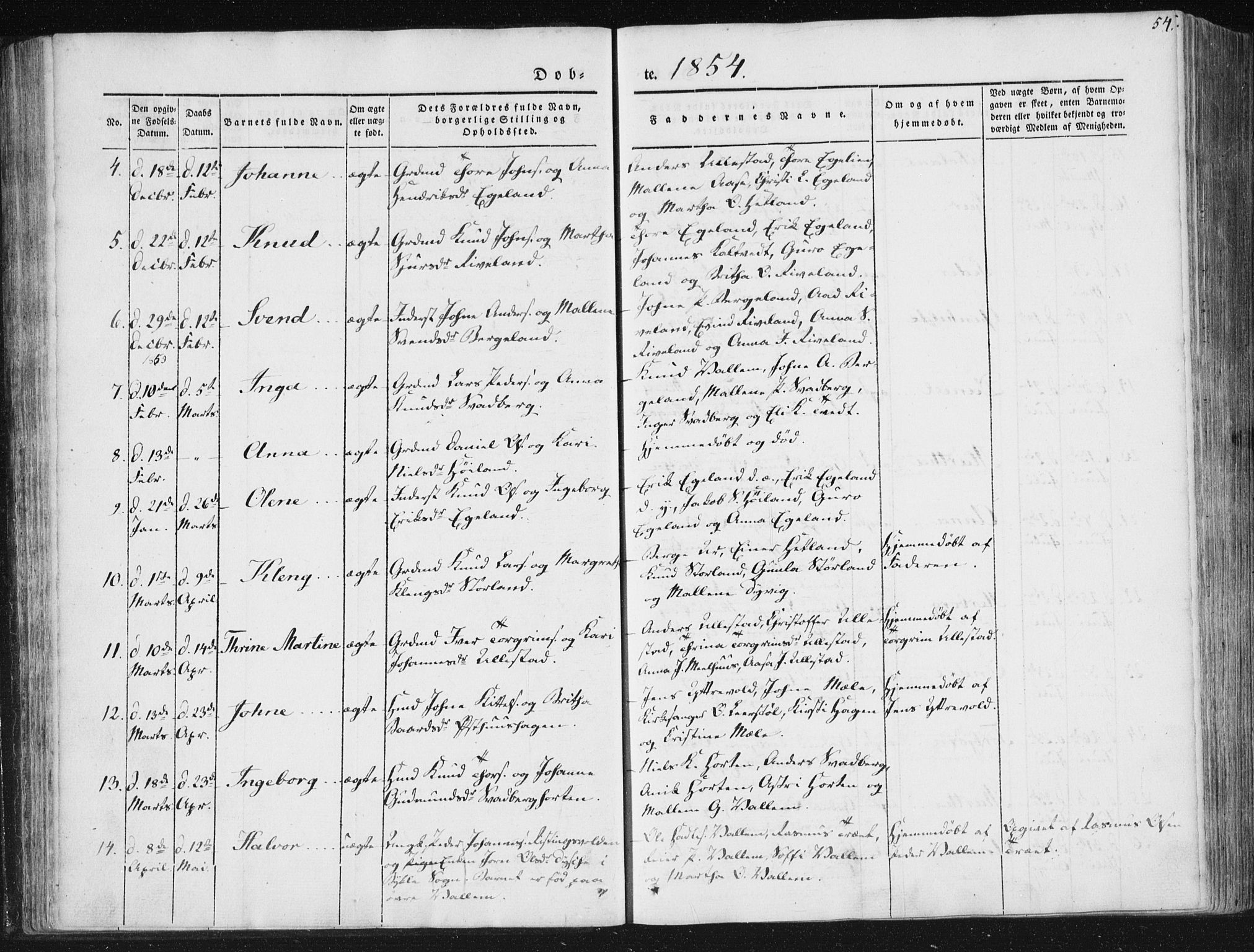 Hjelmeland sokneprestkontor, AV/SAST-A-101843/01/IV/L0008: Parish register (official) no. A 8, 1842-1861, p. 54