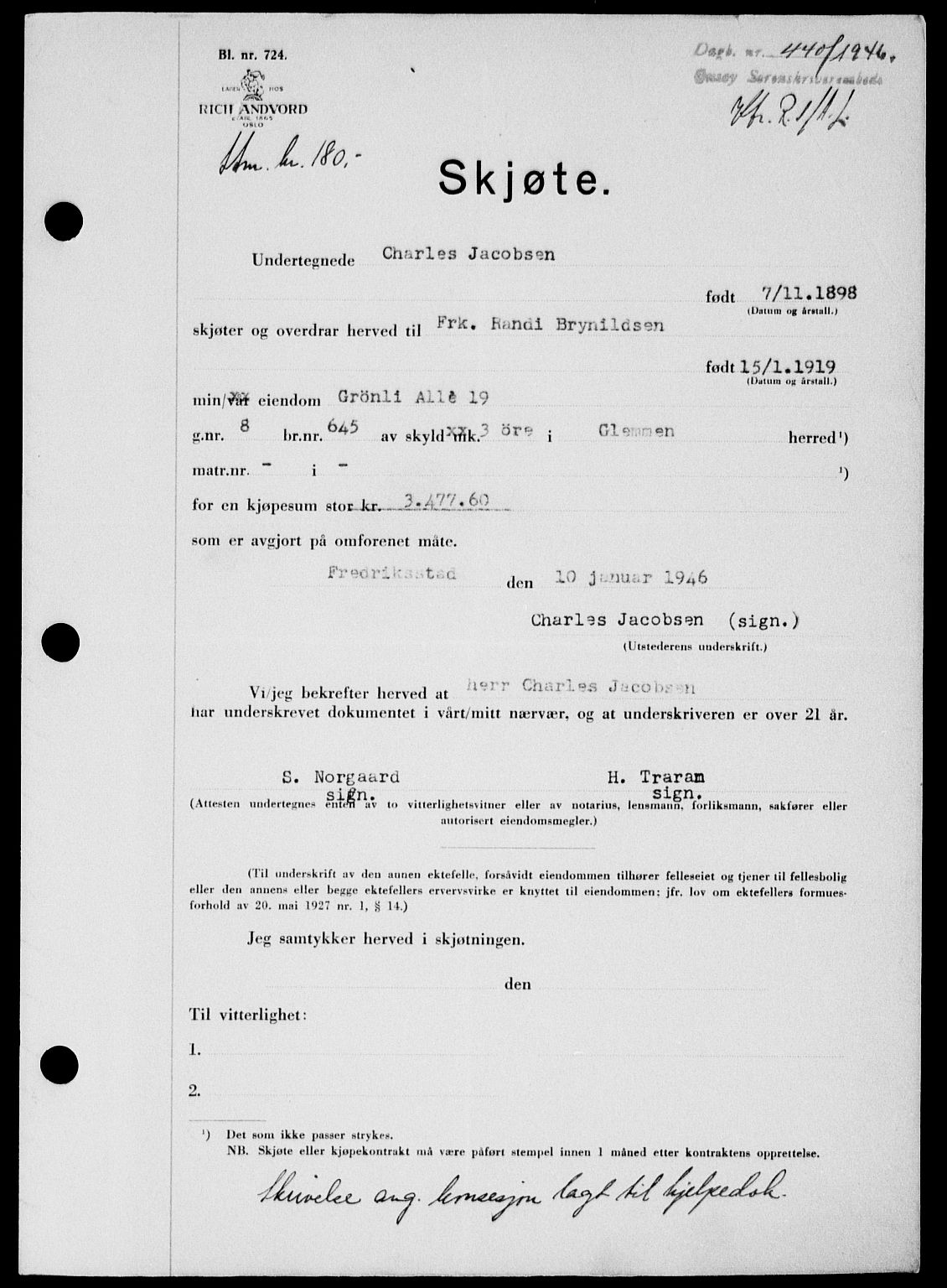 Onsøy sorenskriveri, SAO/A-10474/G/Ga/Gab/L0015: Mortgage book no. II A-15, 1945-1946, Diary no: : 440/1946