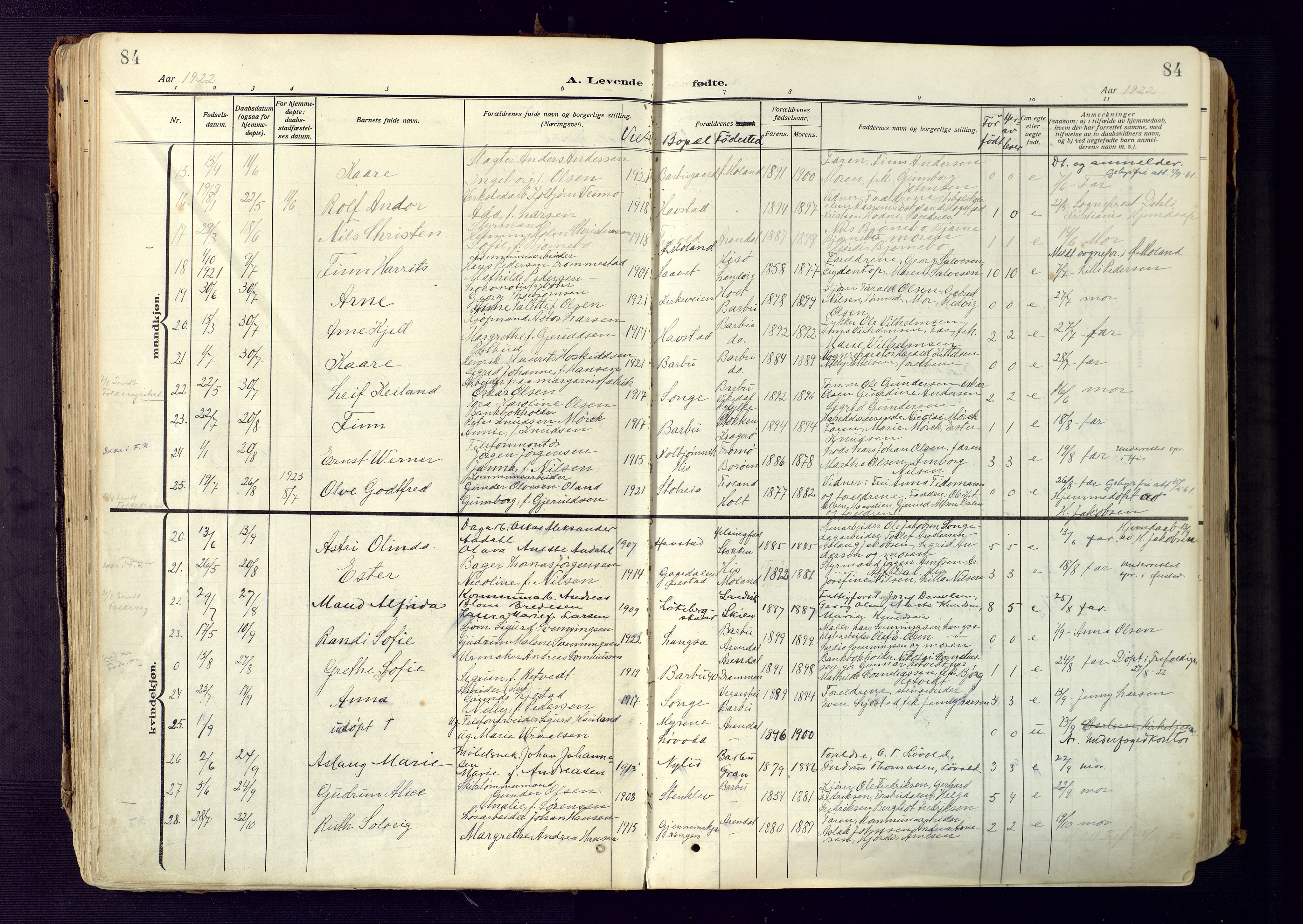 Barbu sokneprestkontor, SAK/1111-0003/F/Fa/L0006: Parish register (official) no. A 6, 1910-1929, p. 84