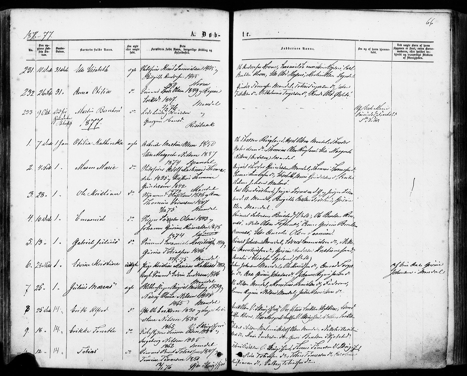 Mandal sokneprestkontor, AV/SAK-1111-0030/F/Fa/Faa/L0015: Parish register (official) no. A 15, 1873-1879, p. 66