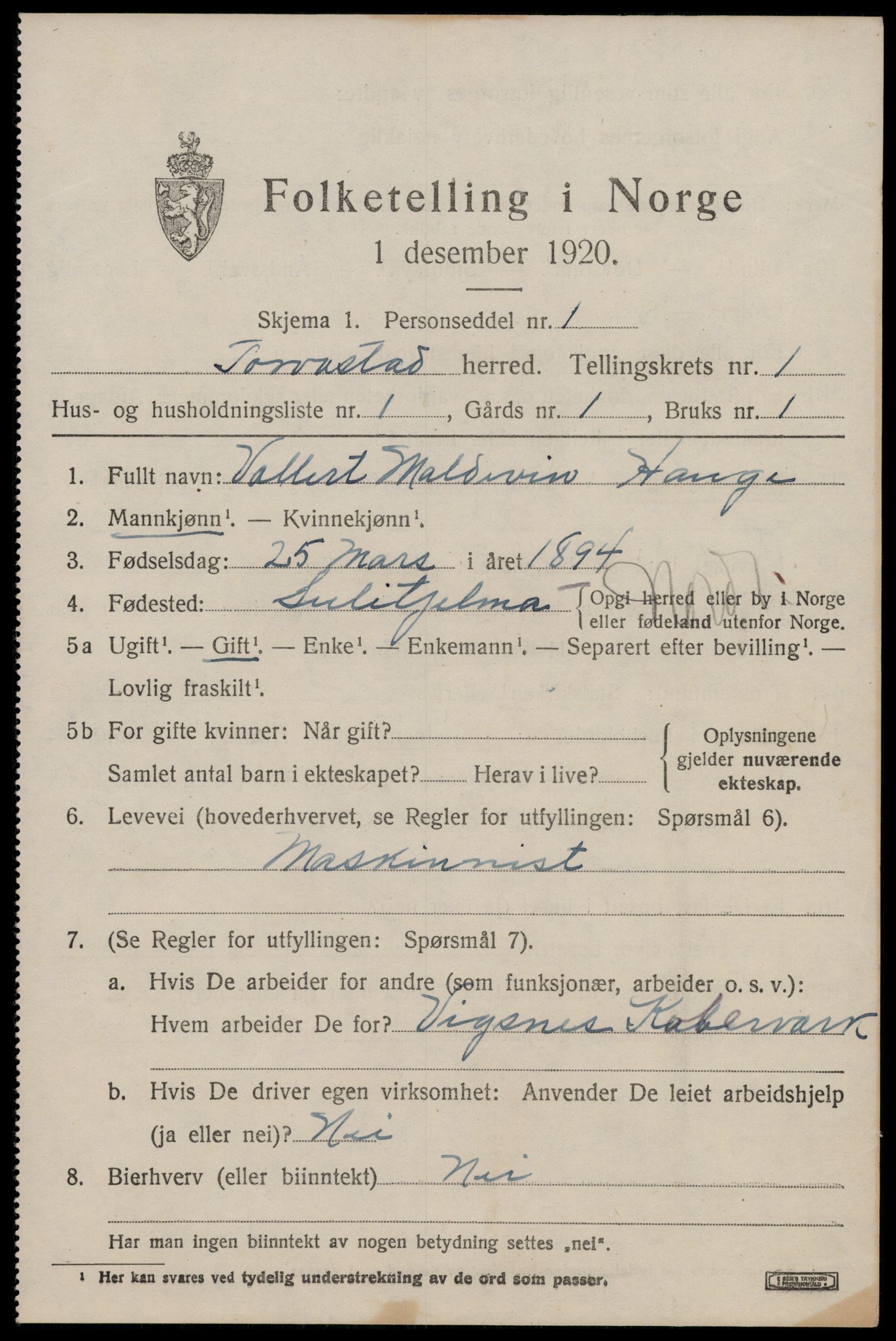 SAST, 1920 census for Torvastad, 1920, p. 1066