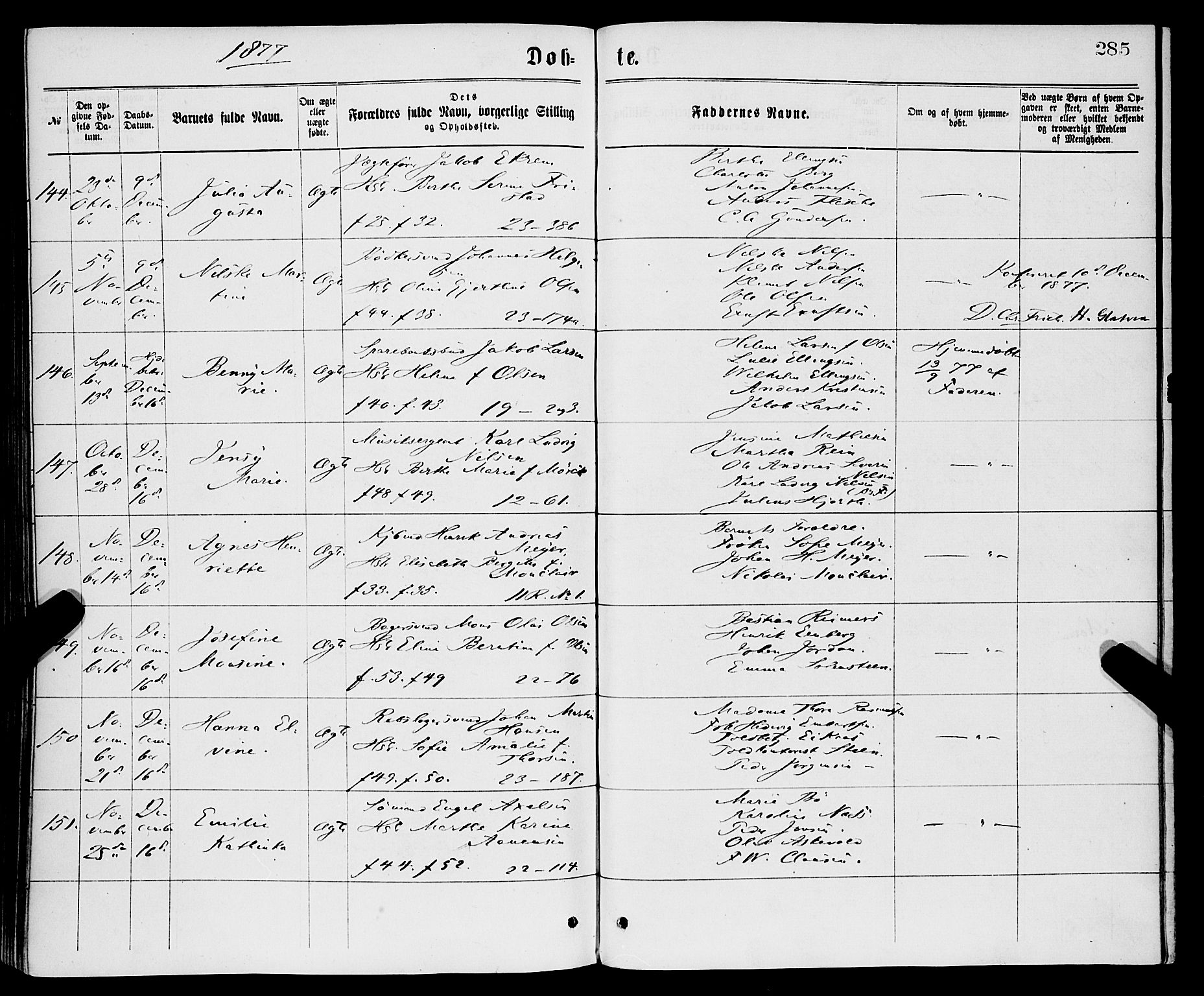 Korskirken sokneprestembete, AV/SAB-A-76101/H/Haa/L0020: Parish register (official) no. B 6, 1871-1878, p. 285