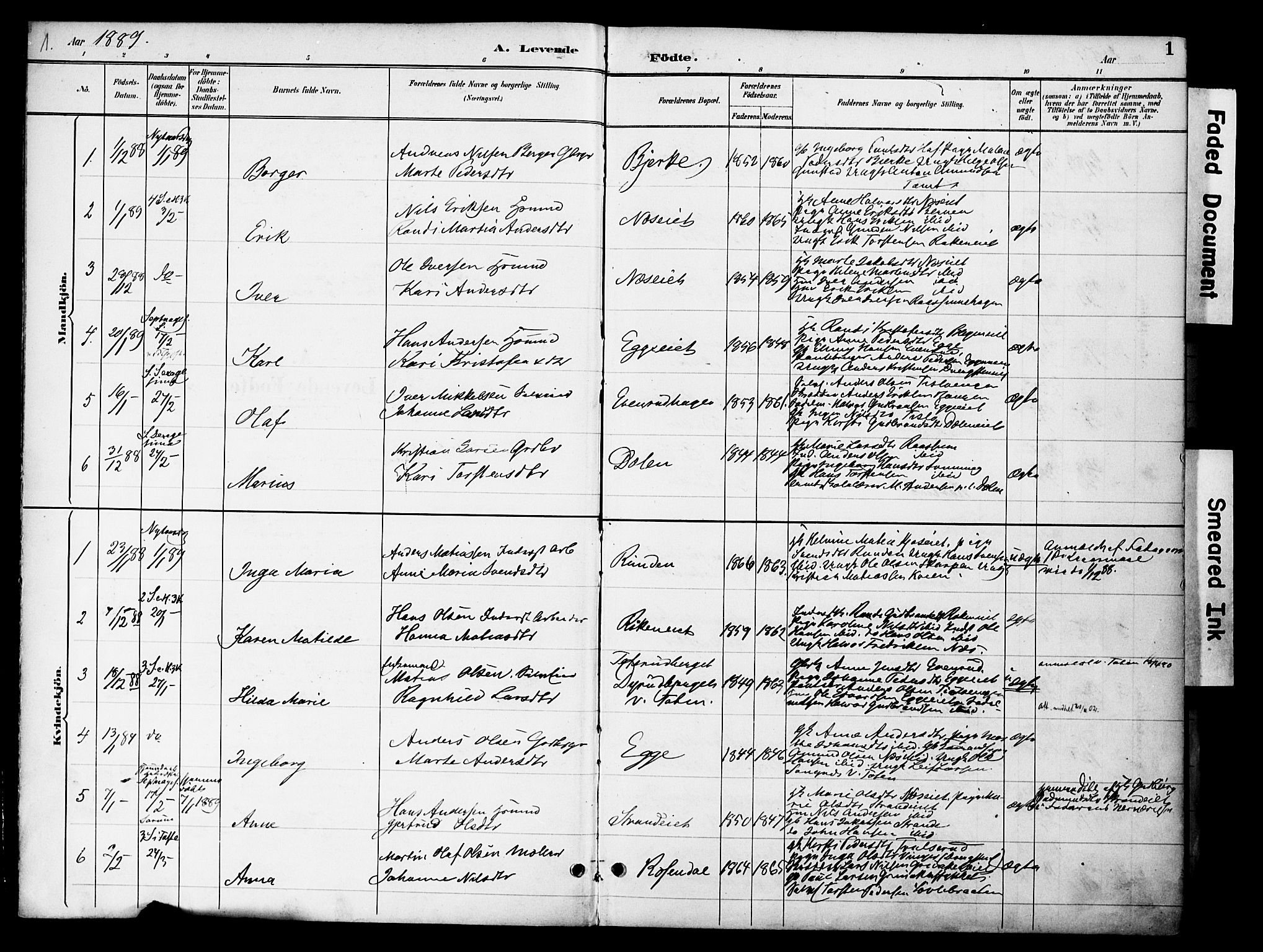 Gran prestekontor, SAH/PREST-112/H/Ha/Haa/L0020: Parish register (official) no. 20, 1889-1899, p. 1