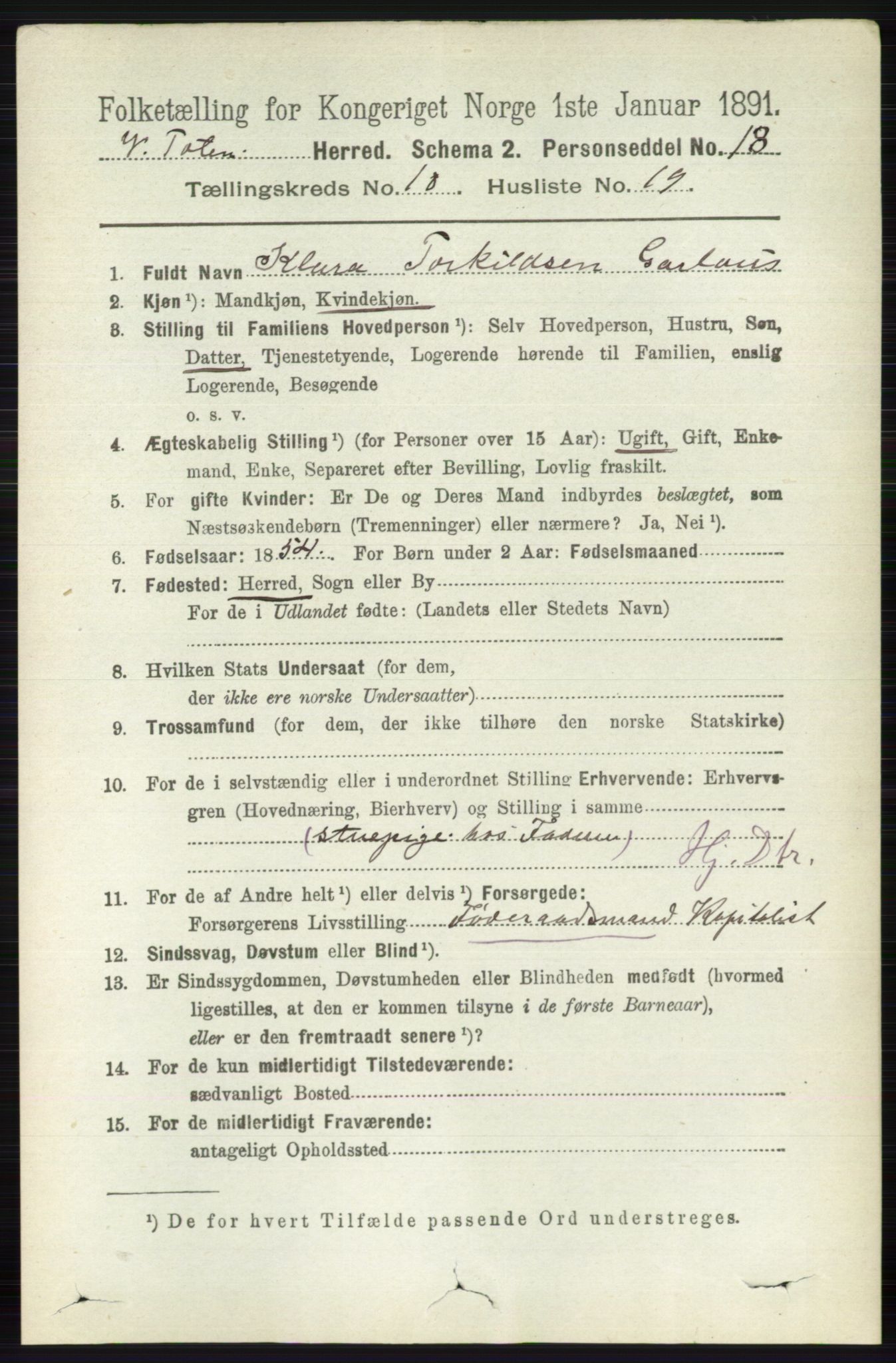 RA, 1891 census for 0529 Vestre Toten, 1891, p. 6316