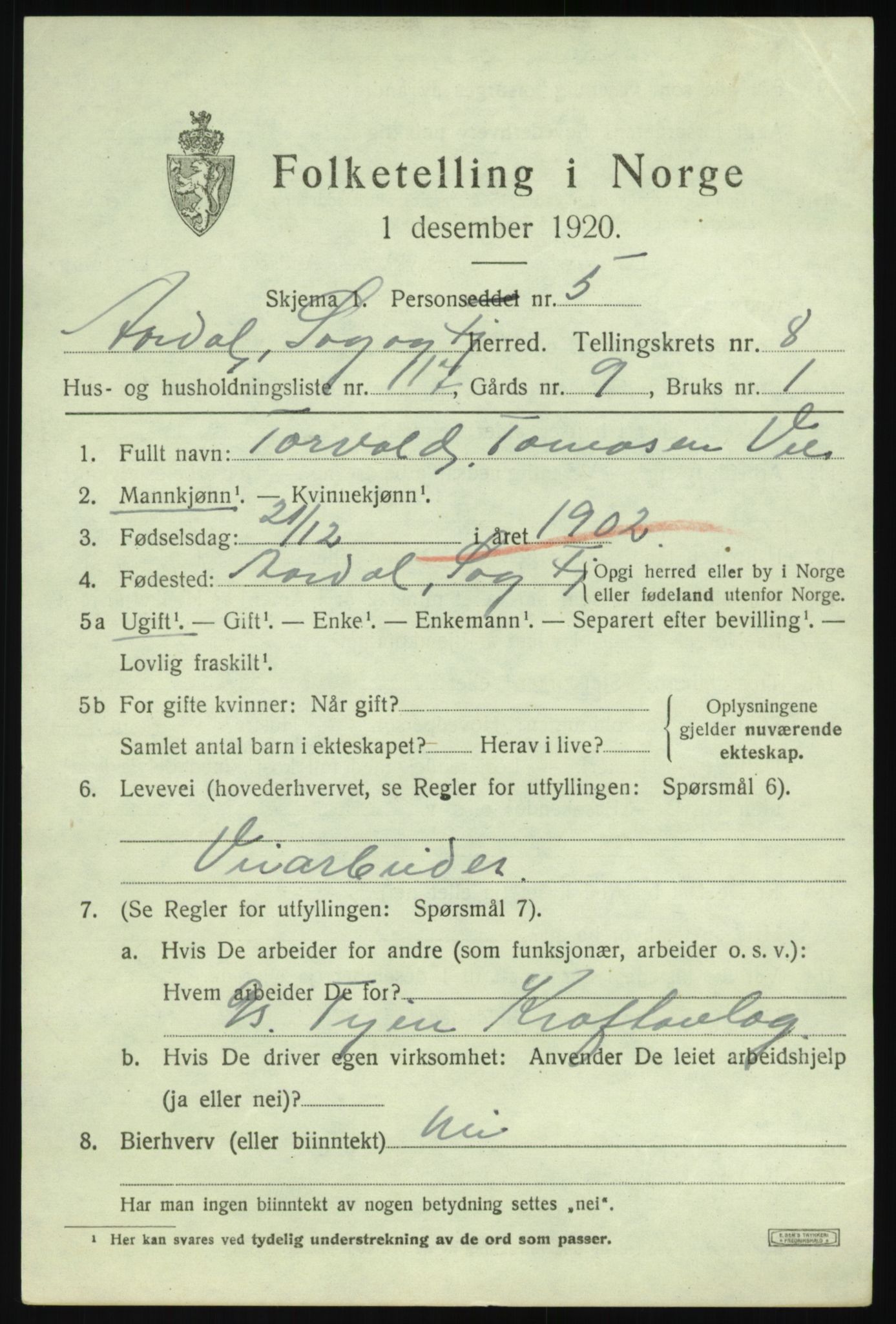 SAB, 1920 census for Årdal, 1920, p. 3831