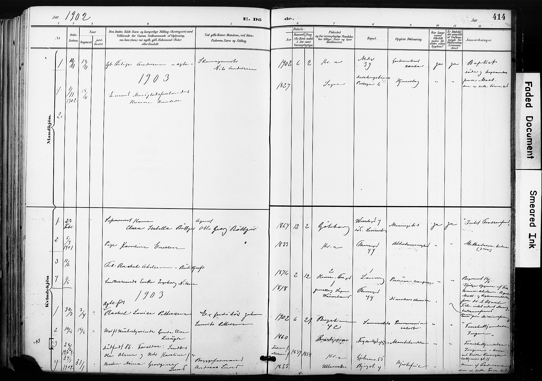 Gamle Aker prestekontor Kirkebøker, SAO/A-10617a/F/L0013: Parish register (official) no. 13, 1901-1908, p. 414