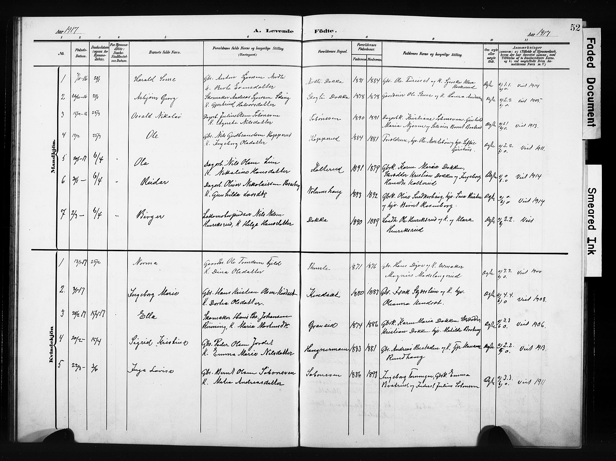 Nordre Land prestekontor, AV/SAH-PREST-124/H/Ha/Hab/L0006: Parish register (copy) no. 6, 1905-1929, p. 52
